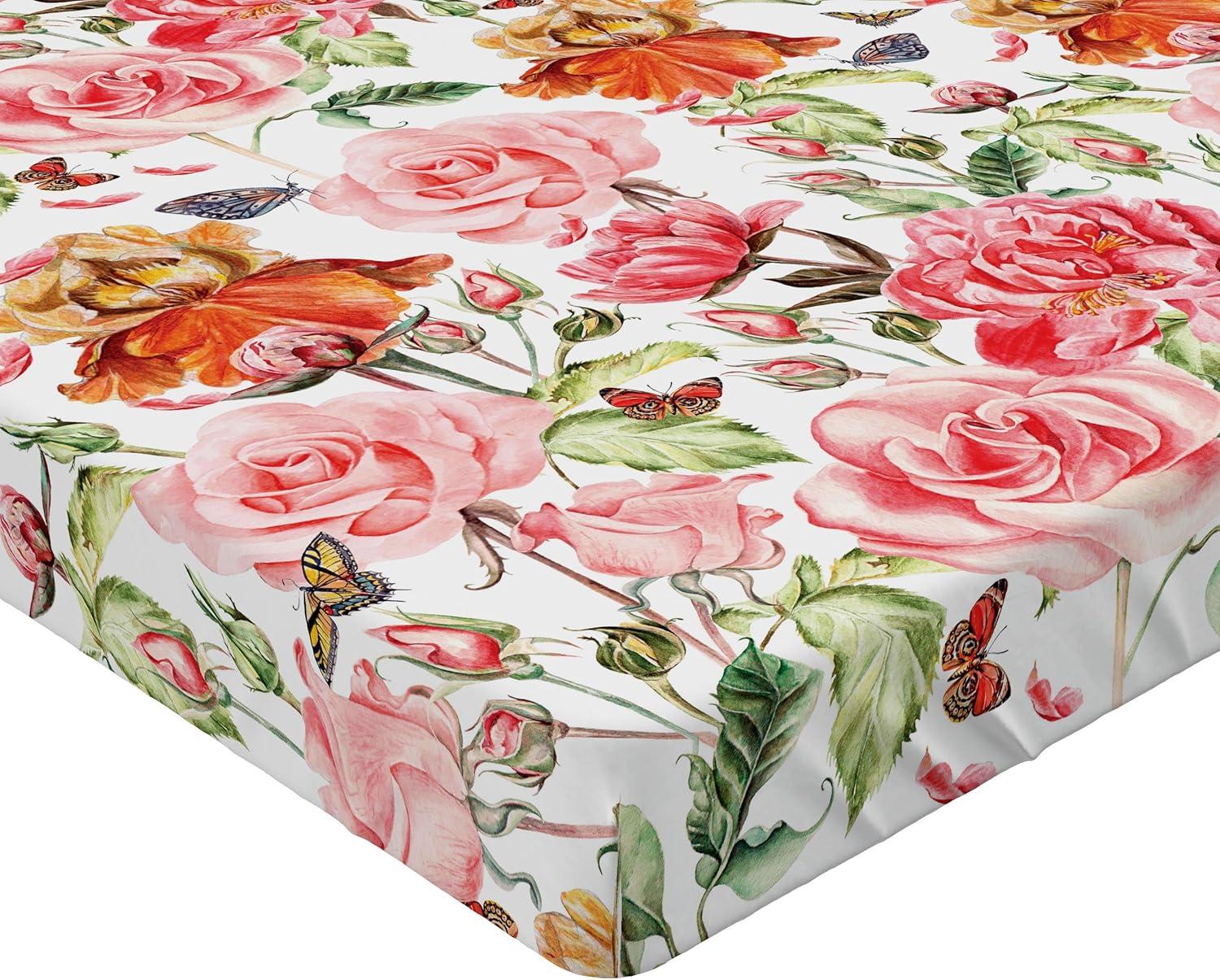 imageAmbesonne Floral Fitted Sheet Romantic Concept Art Featuring Rose Flowers Hearts Leaves Valentine Decorative Soft Fabric Bedding AllRound Elastic Pocket Queen Size Pastel Pink and Fern GreenDark Peach and Soft Pink