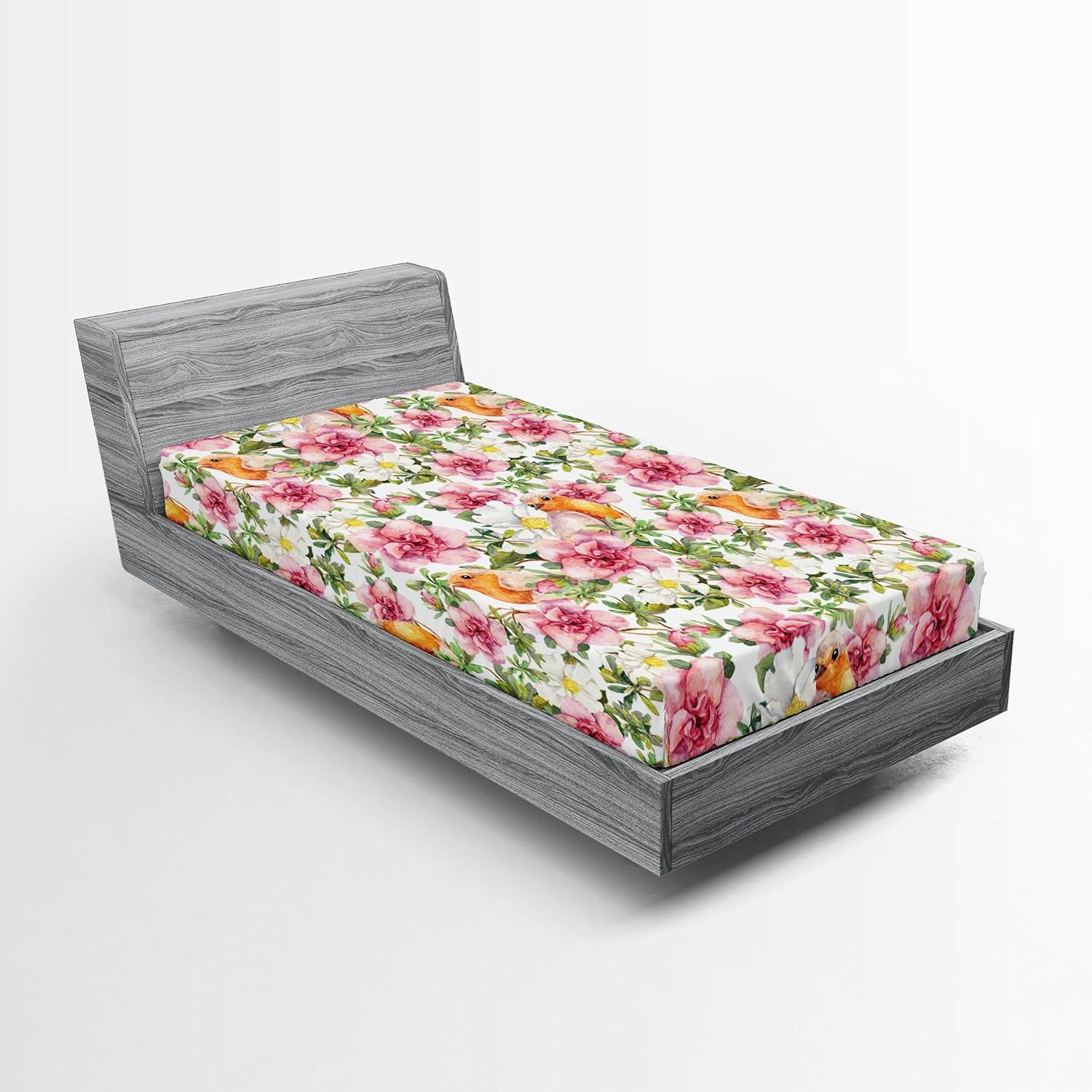 imageAmbesonne Floral Fitted Sheet Romantic Concept Art Featuring Rose Flowers Hearts Leaves Valentine Decorative Soft Fabric Bedding AllRound Elastic Pocket Queen Size Pastel Pink and Fern GreenPastel Pink and Pale Orange