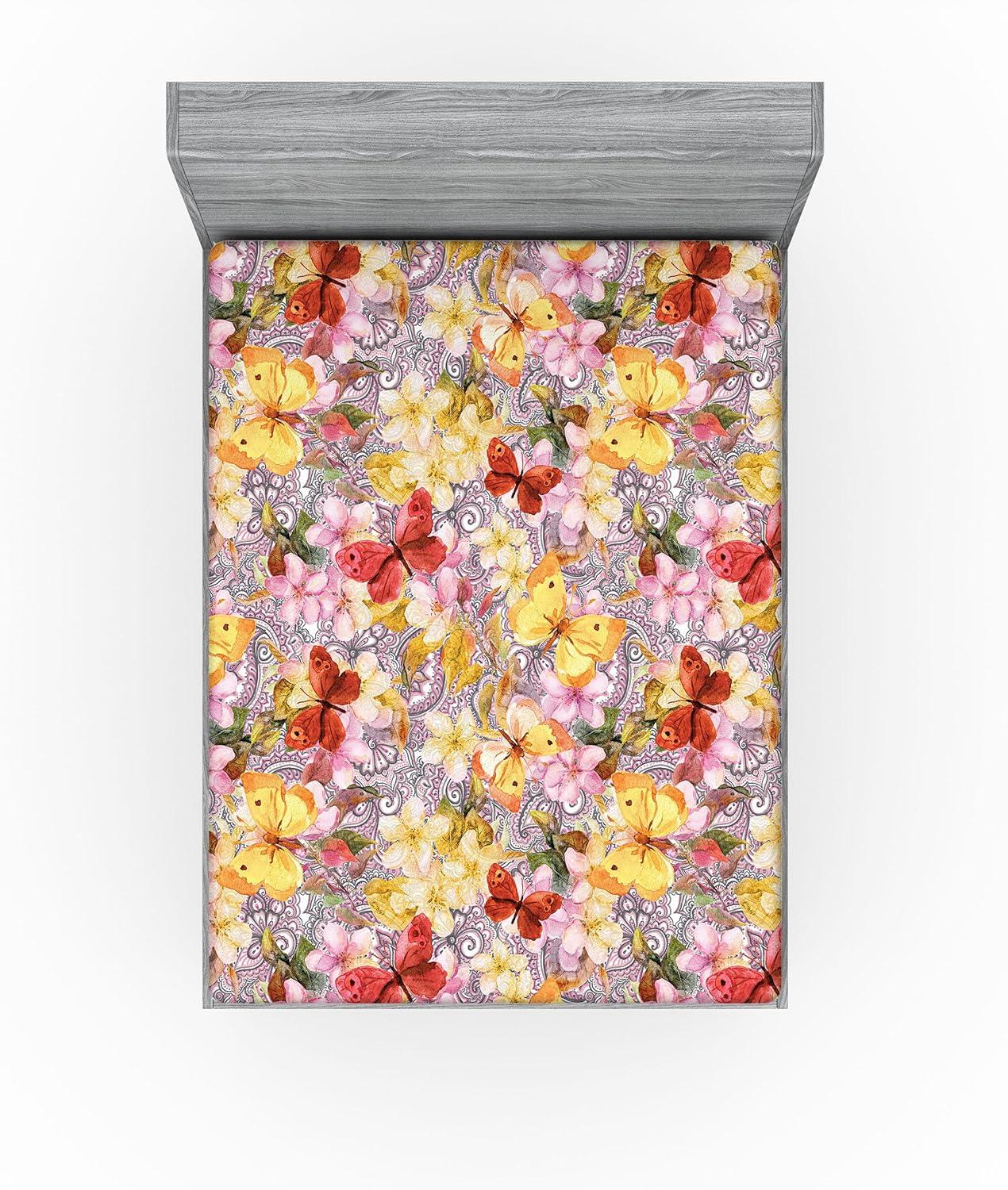 imageAmbesonne Floral Fitted Sheet Romantic Concept Art Featuring Rose Flowers Hearts Leaves Valentine Decorative Soft Fabric Bedding AllRound Elastic Pocket Queen Size Pastel Pink and Fern GreenPastel Yellow and Soft Pink