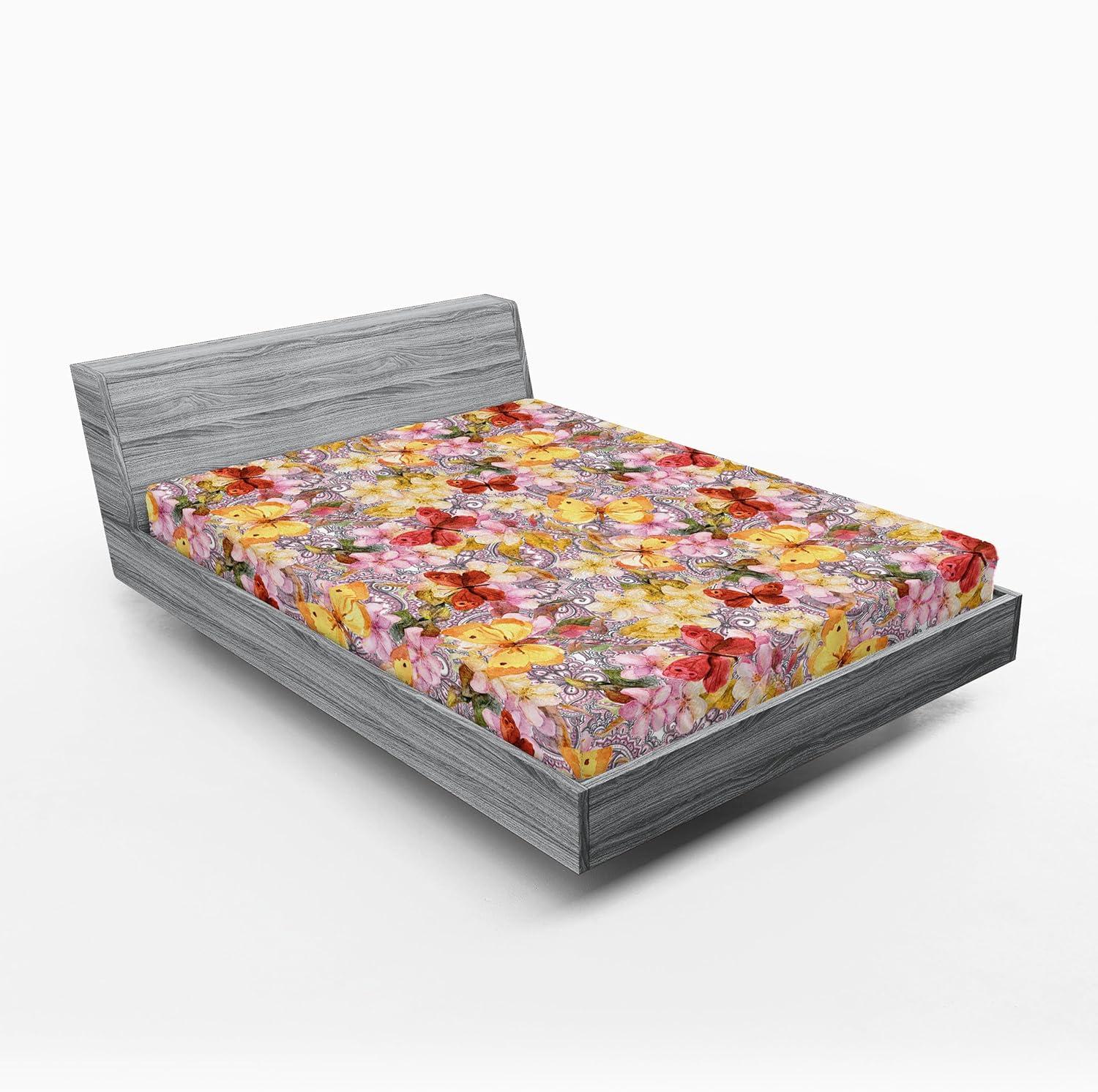 imageAmbesonne Floral Fitted Sheet Romantic Concept Art Featuring Rose Flowers Hearts Leaves Valentine Decorative Soft Fabric Bedding AllRound Elastic Pocket Queen Size Pastel Pink and Fern GreenPastel Yellow and Soft Pink