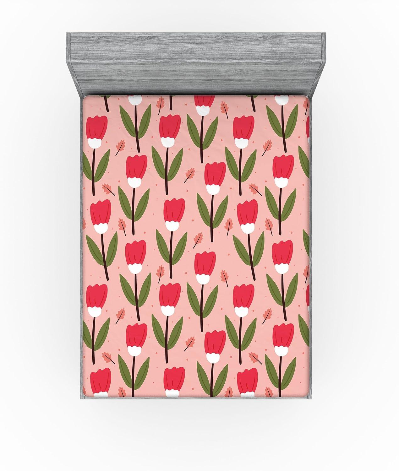 imageAmbesonne Floral Fitted Sheet Romantic Concept Art Featuring Rose Flowers Hearts Leaves Valentine Decorative Soft Fabric Bedding AllRound Elastic Pocket Queen Size Pastel Pink and Fern GreenRed Fern Green and Blush