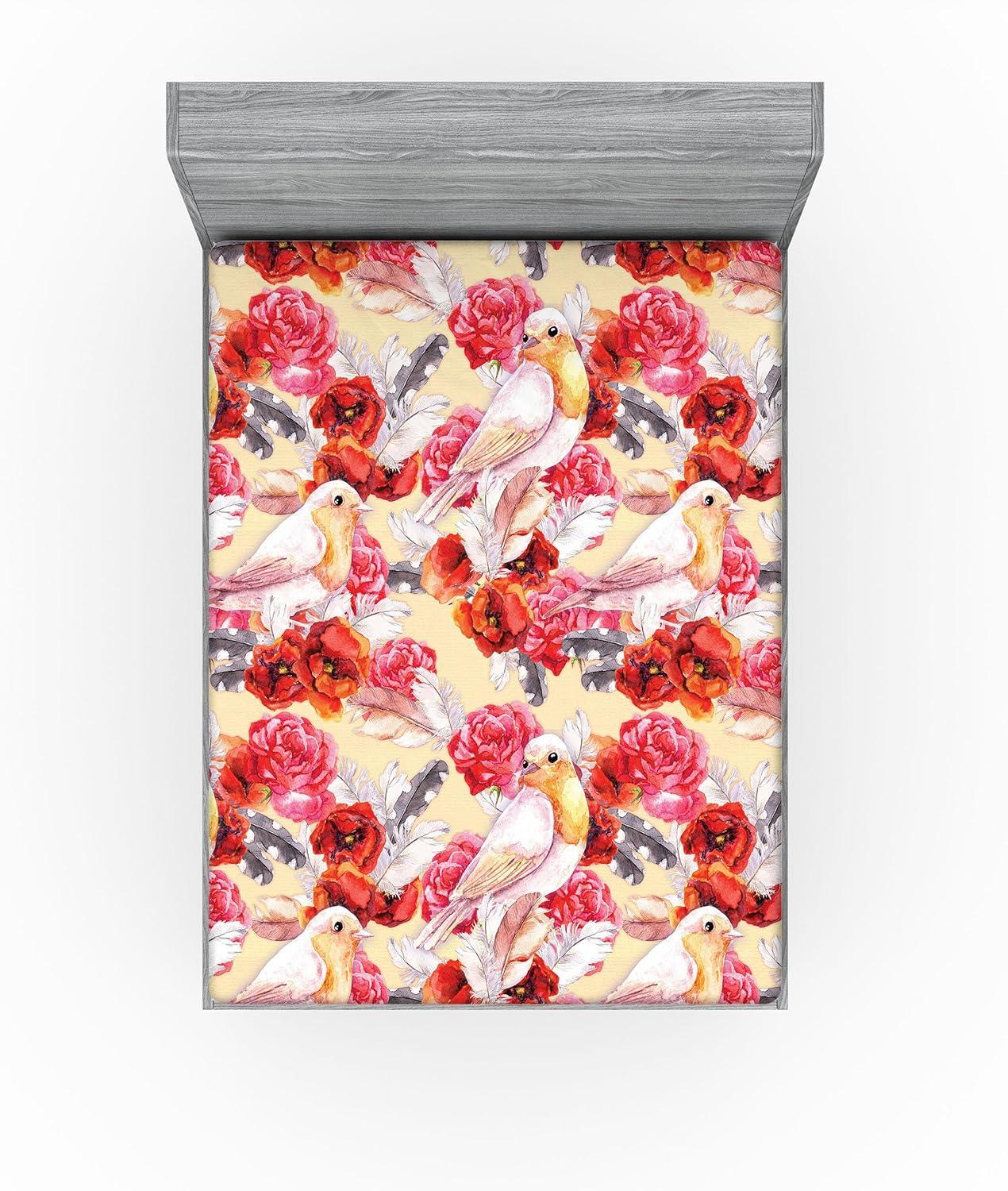 imageAmbesonne Floral Fitted Sheet Romantic Concept Art Featuring Rose Flowers Hearts Leaves Valentine Decorative Soft Fabric Bedding AllRound Elastic Pocket Queen Size Pastel Pink and Fern GreenDark Coral and Pale Orange