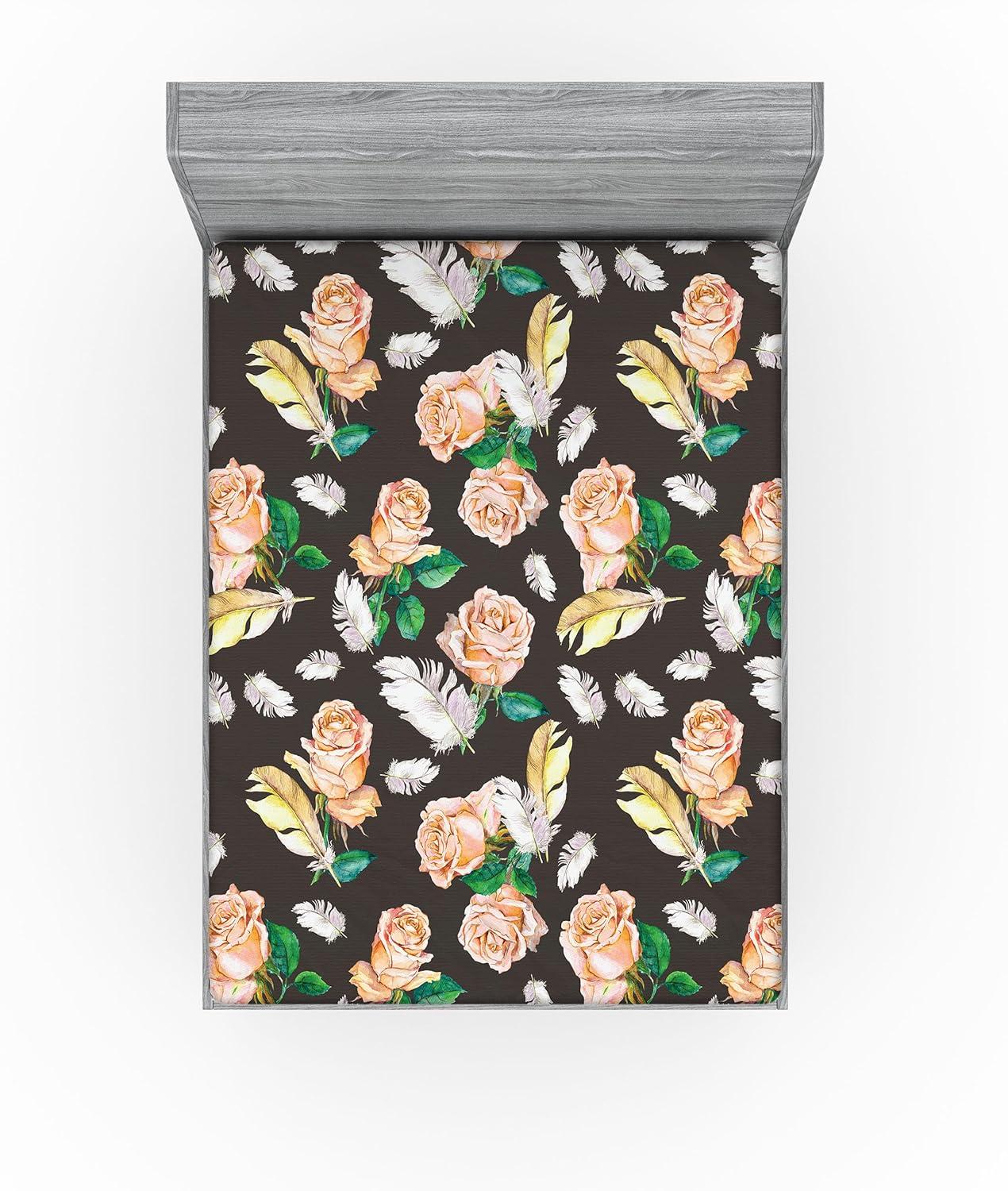 imageAmbesonne Floral Fitted Sheet Romantic Concept Art Featuring Rose Flowers Hearts Leaves Valentine Decorative Soft Fabric Bedding AllRound Elastic Pocket Queen Size Pastel Pink and Fern GreenJade Green Pale Salmon