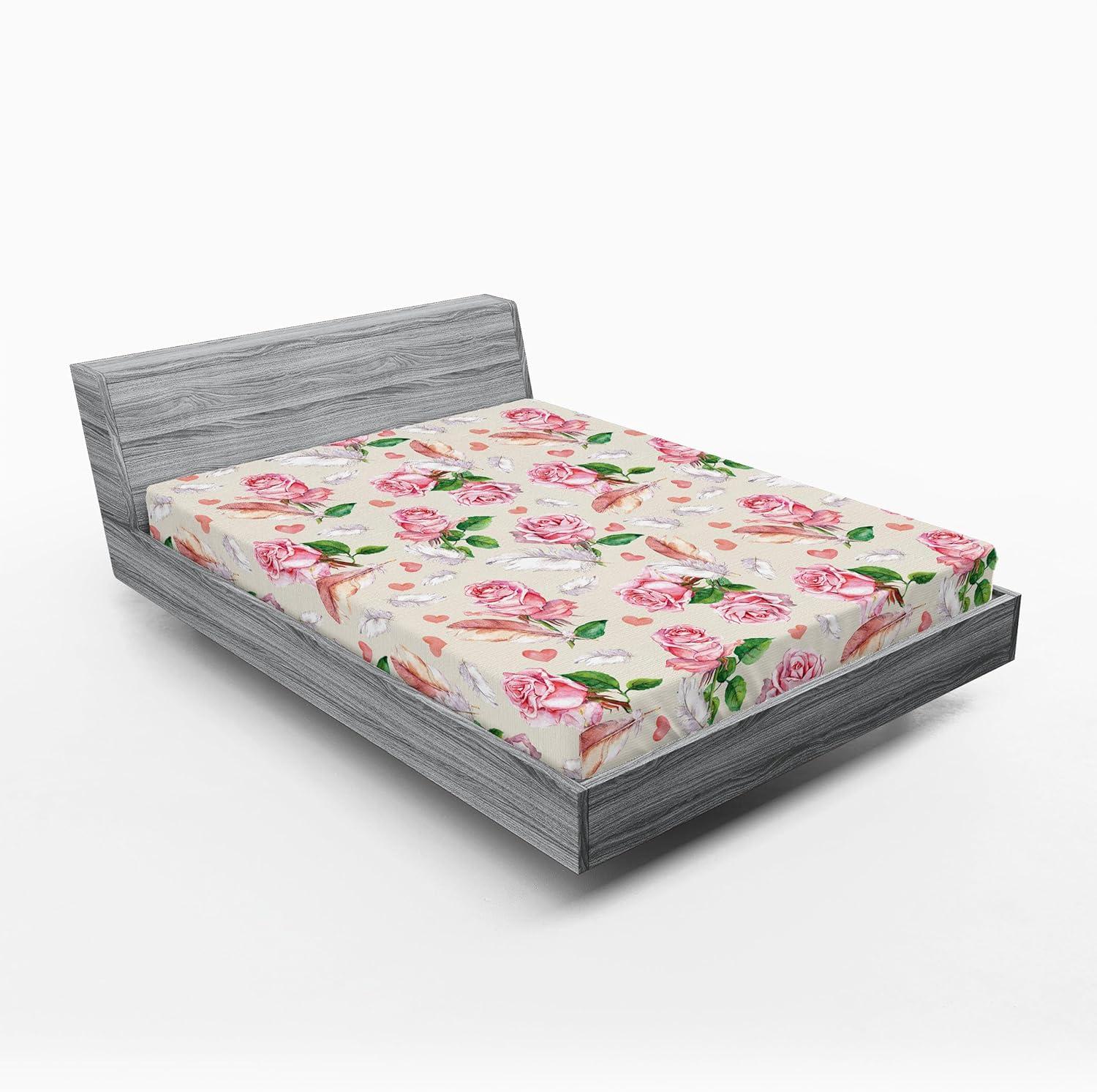 imageAmbesonne Floral Fitted Sheet Romantic Concept Art Featuring Rose Flowers Hearts Leaves Valentine Decorative Soft Fabric Bedding AllRound Elastic Pocket Queen Size Pastel Pink and Fern GreenPastel Pink and Fern Green