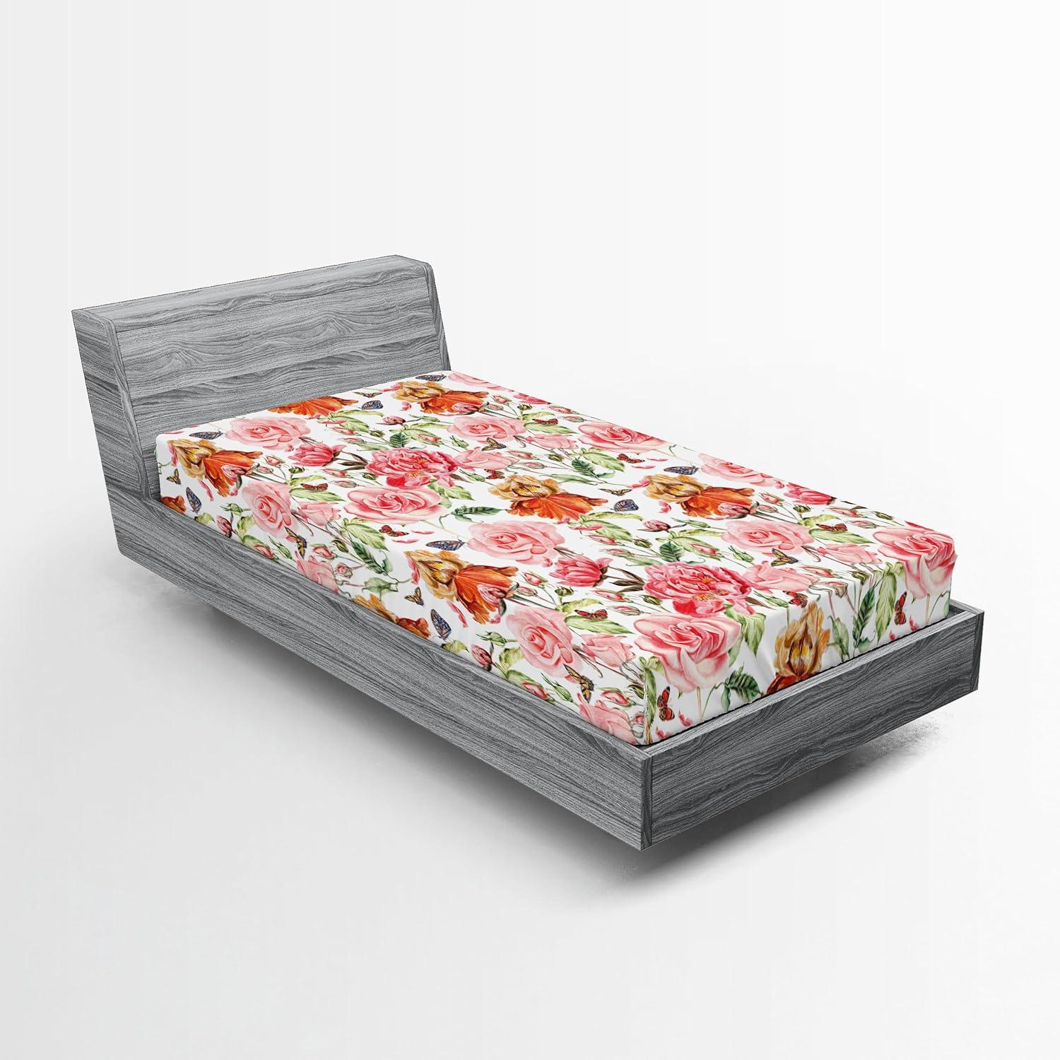 imageAmbesonne Floral Fitted Sheet Romantic Concept Art Featuring Rose Flowers Hearts Leaves Valentine Decorative Soft Fabric Bedding AllRound Elastic Pocket Queen Size Pastel Pink and Fern GreenDark Peach and Soft Pink