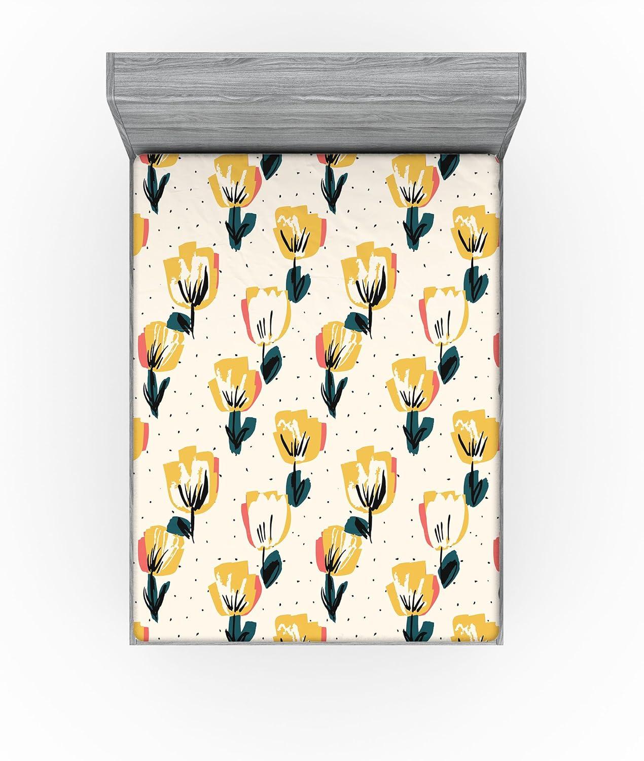 imageAmbesonne Floral Fitted Sheet Romantic Concept Art Featuring Rose Flowers Hearts Leaves Valentine Decorative Soft Fabric Bedding AllRound Elastic Pocket Queen Size Pastel Pink and Fern GreenDark Green Mustard Beige