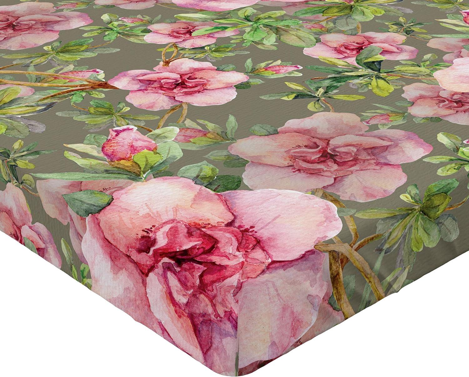 imageAmbesonne Floral Fitted Sheet Romantic Concept Art Featuring Rose Flowers Hearts Leaves Valentine Decorative Soft Fabric Bedding AllRound Elastic Pocket Queen Size Pastel Pink and Fern GreenDark Pink and Olive Green