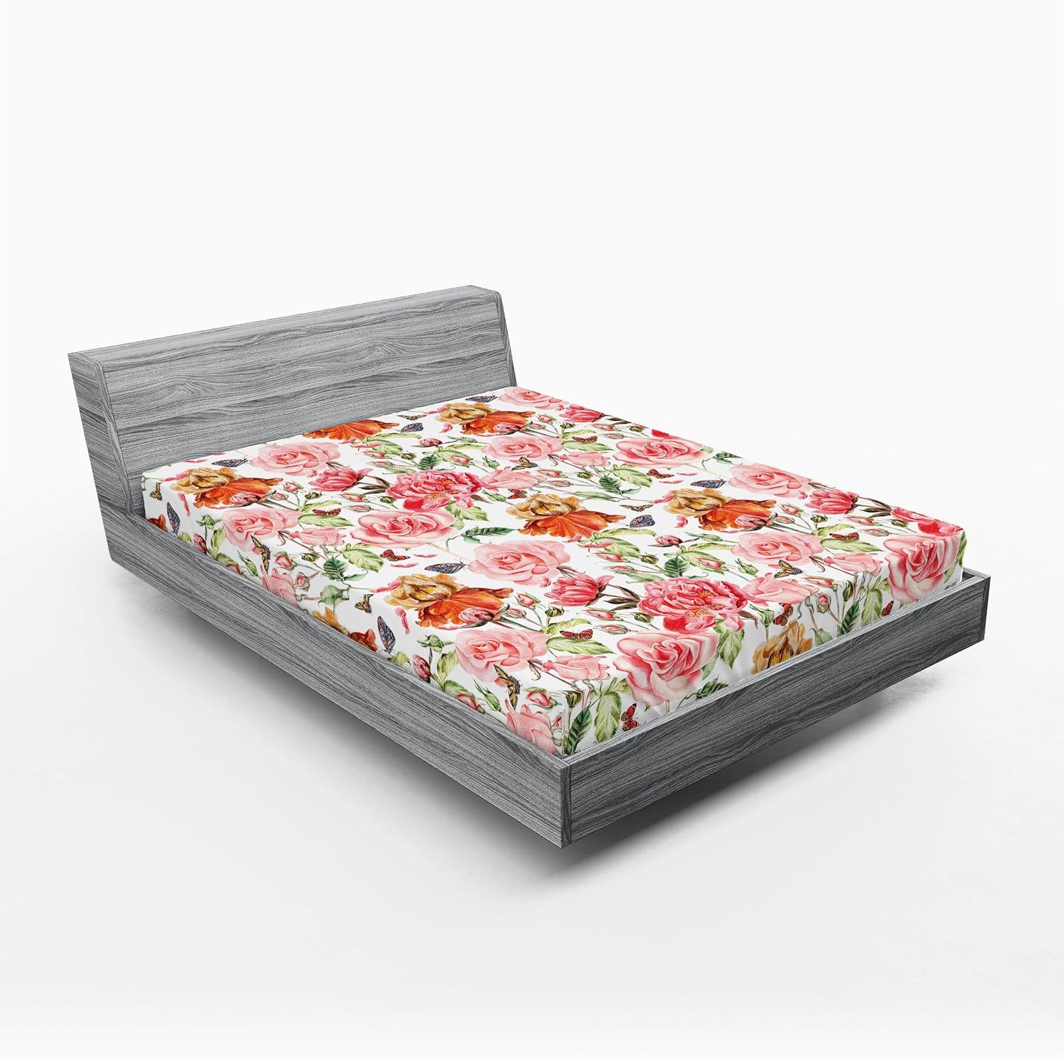 imageAmbesonne Floral Fitted Sheet Romantic Concept Art Featuring Rose Flowers Hearts Leaves Valentine Decorative Soft Fabric Bedding AllRound Elastic Pocket Queen Size Pastel Pink and Fern GreenDark Peach and Soft Pink