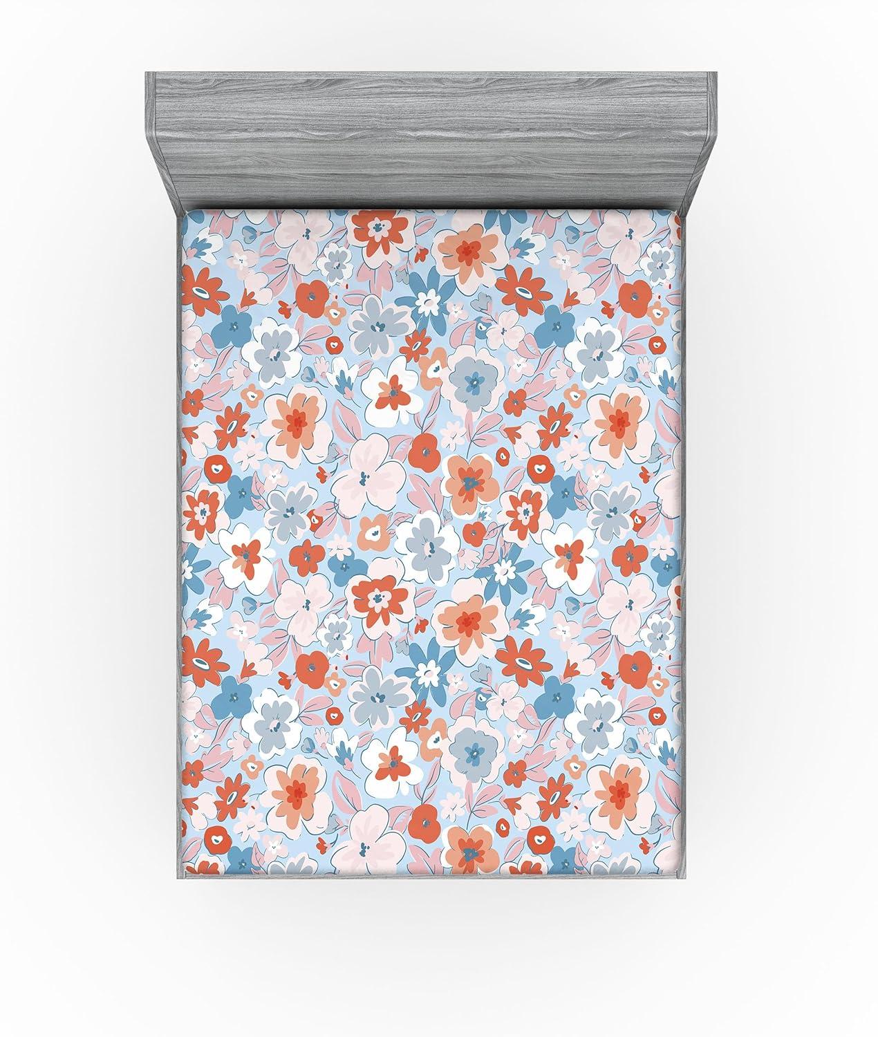 imageAmbesonne Floral Fitted Sheet Romantic Concept Art Featuring Rose Flowers Hearts Leaves Valentine Decorative Soft Fabric Bedding AllRound Elastic Pocket Queen Size Pastel Pink and Fern GreenCinnamon Soft Blue Blush