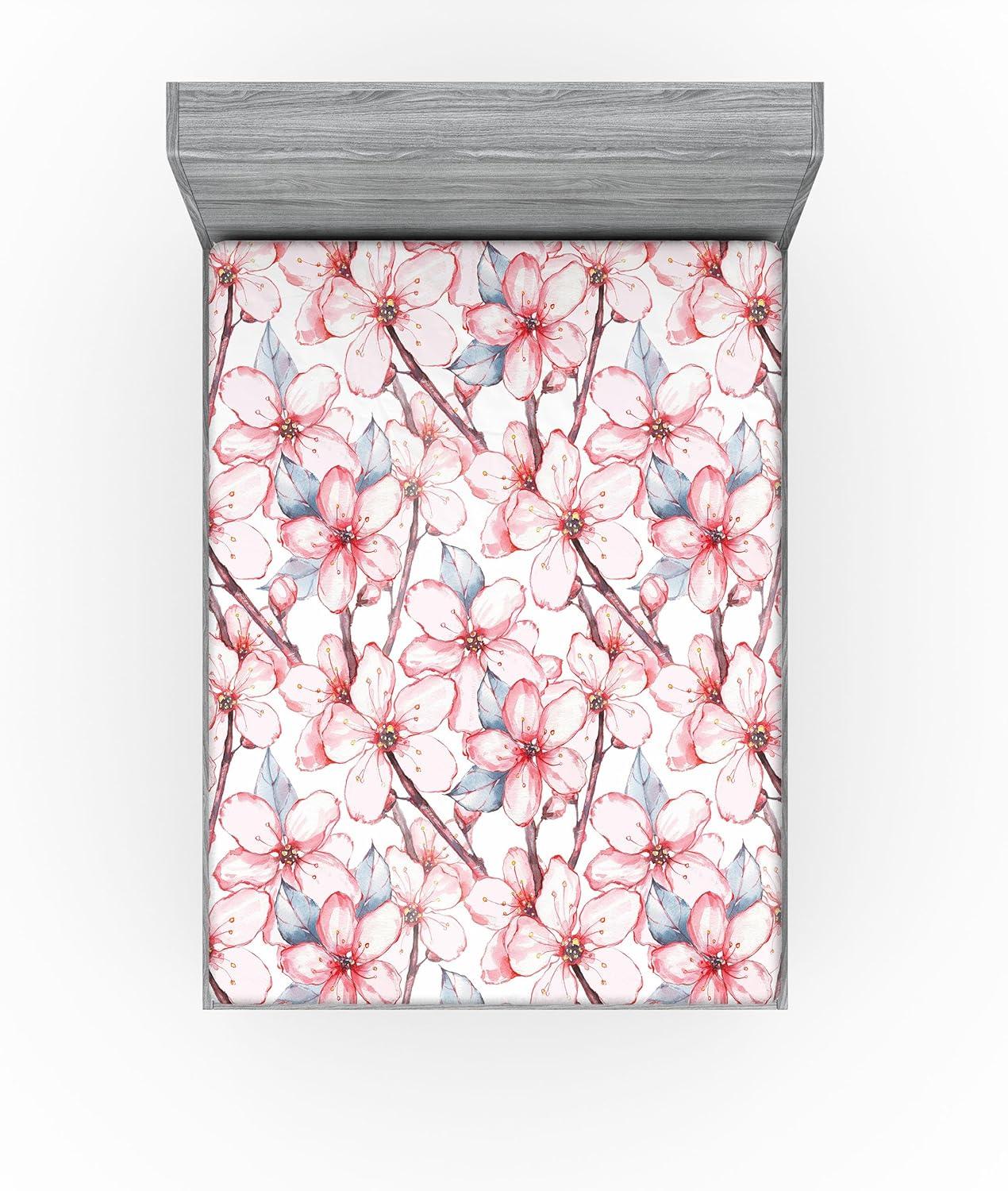 imageAmbesonne Floral Fitted Sheet Romantic Concept Art Featuring Rose Flowers Hearts Leaves Valentine Decorative Soft Fabric Bedding AllRound Elastic Pocket Queen Size Pastel Pink and Fern GreenDark Pink and Soft Blue