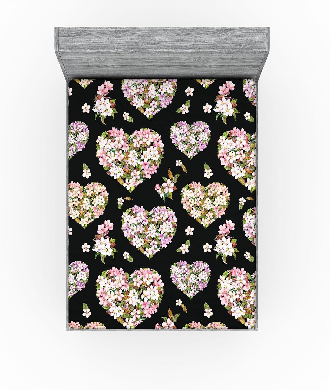imageAmbesonne Floral Fitted Sheet Romantic Concept Art Featuring Rose Flowers Hearts Leaves Valentine Decorative Soft Fabric Bedding AllRound Elastic Pocket Queen Size Pastel Pink and Fern GreenSage Green and Soft Pink