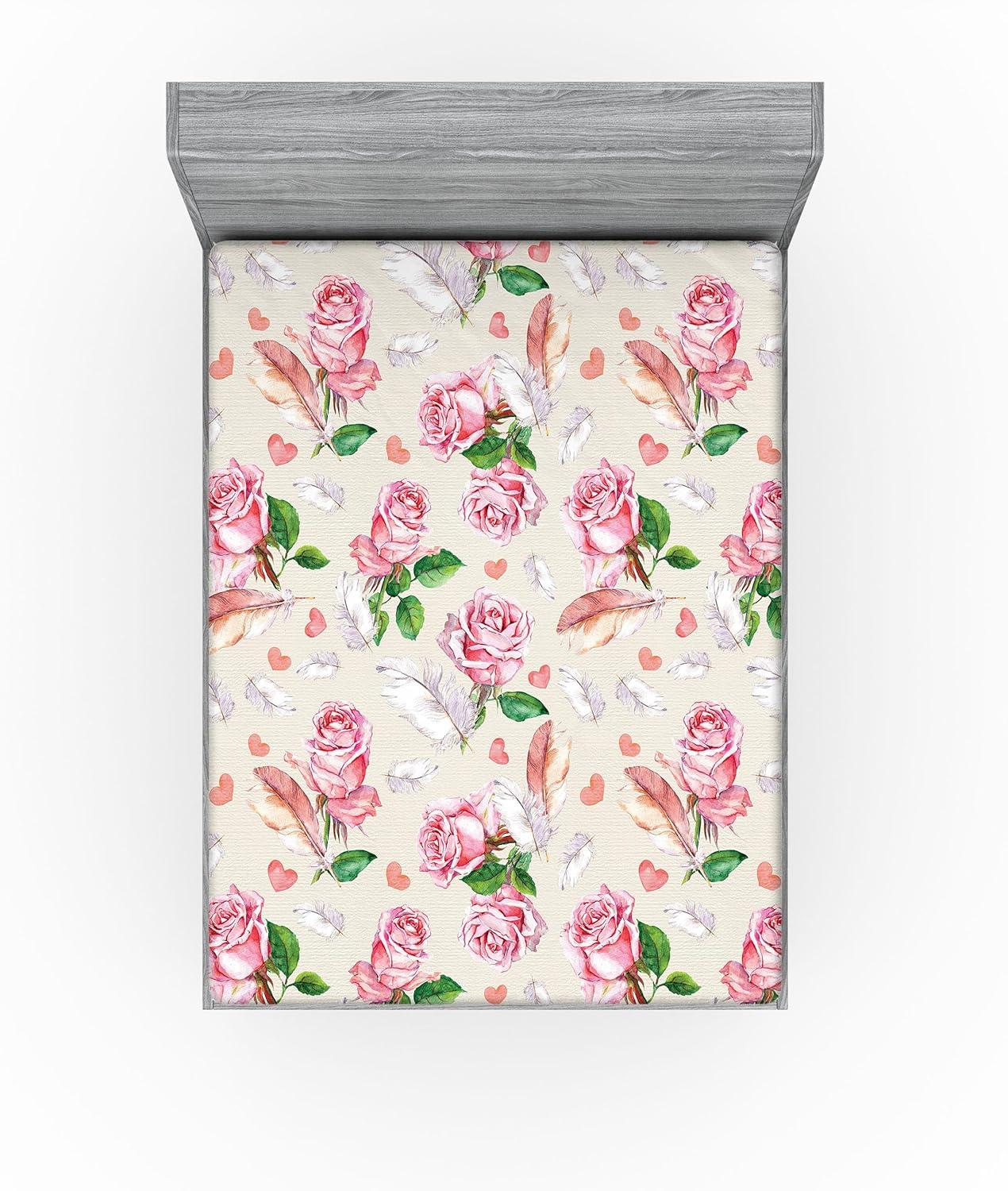 imageAmbesonne Floral Fitted Sheet Romantic Concept Art Featuring Rose Flowers Hearts Leaves Valentine Decorative Soft Fabric Bedding AllRound Elastic Pocket Queen Size Pastel Pink and Fern GreenPastel Pink and Fern Green