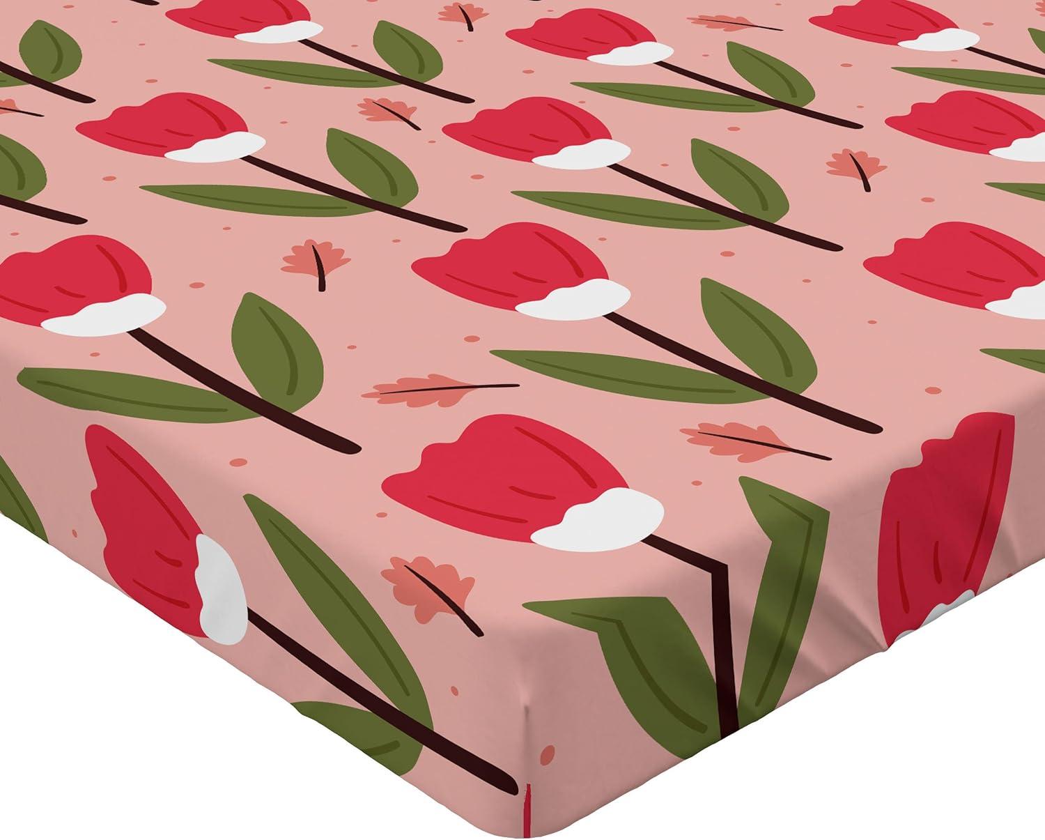imageAmbesonne Floral Fitted Sheet Romantic Concept Art Featuring Rose Flowers Hearts Leaves Valentine Decorative Soft Fabric Bedding AllRound Elastic Pocket Queen Size Pastel Pink and Fern GreenRed Fern Green and Blush