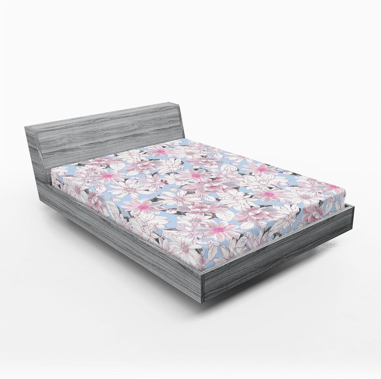 imageAmbesonne Floral Fitted Sheet Romantic Concept Art Featuring Rose Flowers Hearts Leaves Valentine Decorative Soft Fabric Bedding AllRound Elastic Pocket Queen Size Pastel Pink and Fern GreenOff White Pink Soft Blue