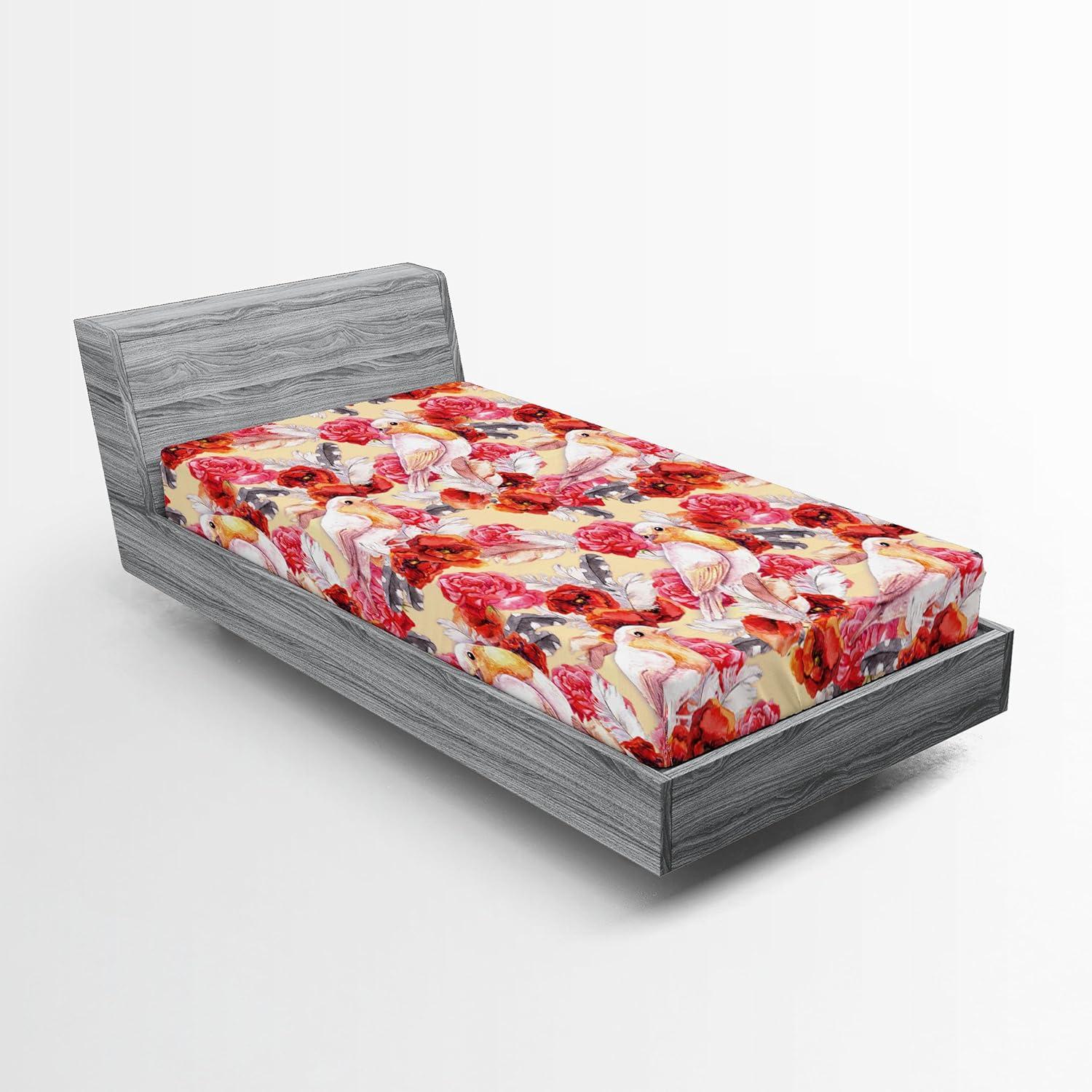 imageAmbesonne Floral Fitted Sheet Romantic Concept Art Featuring Rose Flowers Hearts Leaves Valentine Decorative Soft Fabric Bedding AllRound Elastic Pocket Queen Size Pastel Pink and Fern GreenDark Coral and Pale Orange