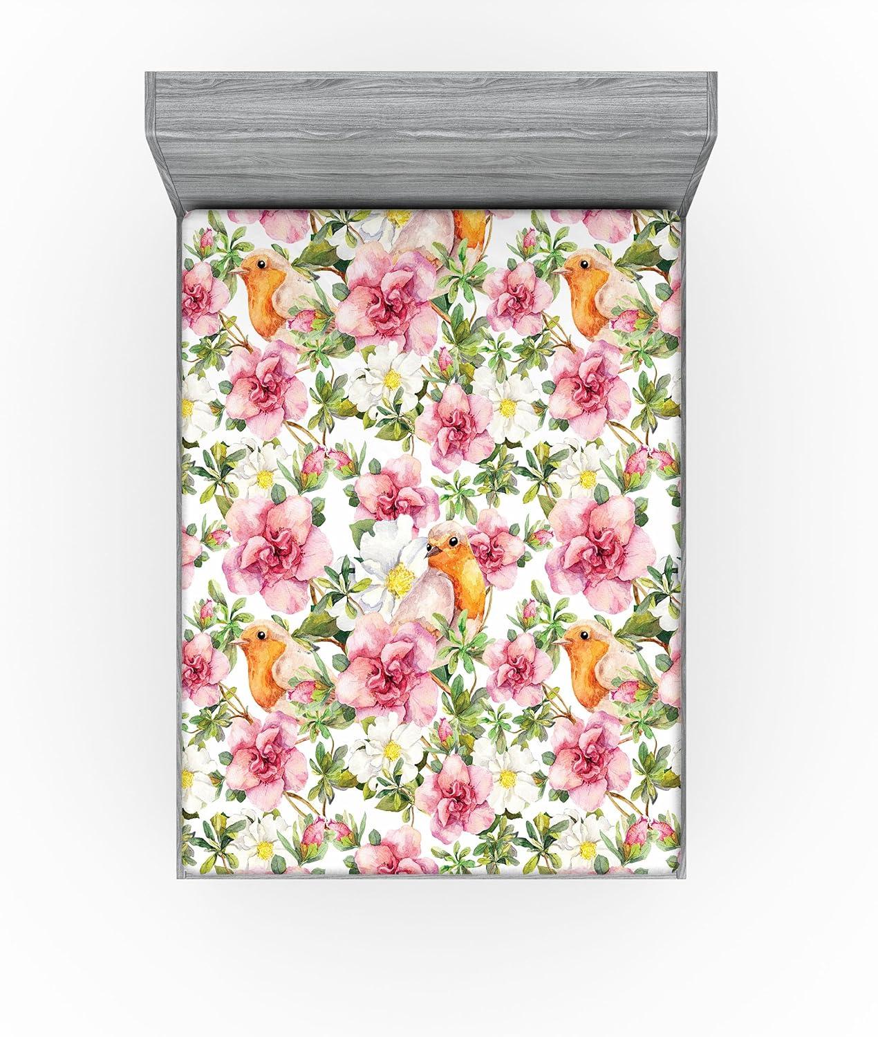 imageAmbesonne Floral Fitted Sheet Romantic Concept Art Featuring Rose Flowers Hearts Leaves Valentine Decorative Soft Fabric Bedding AllRound Elastic Pocket Queen Size Pastel Pink and Fern GreenPastel Pink and Pale Orange