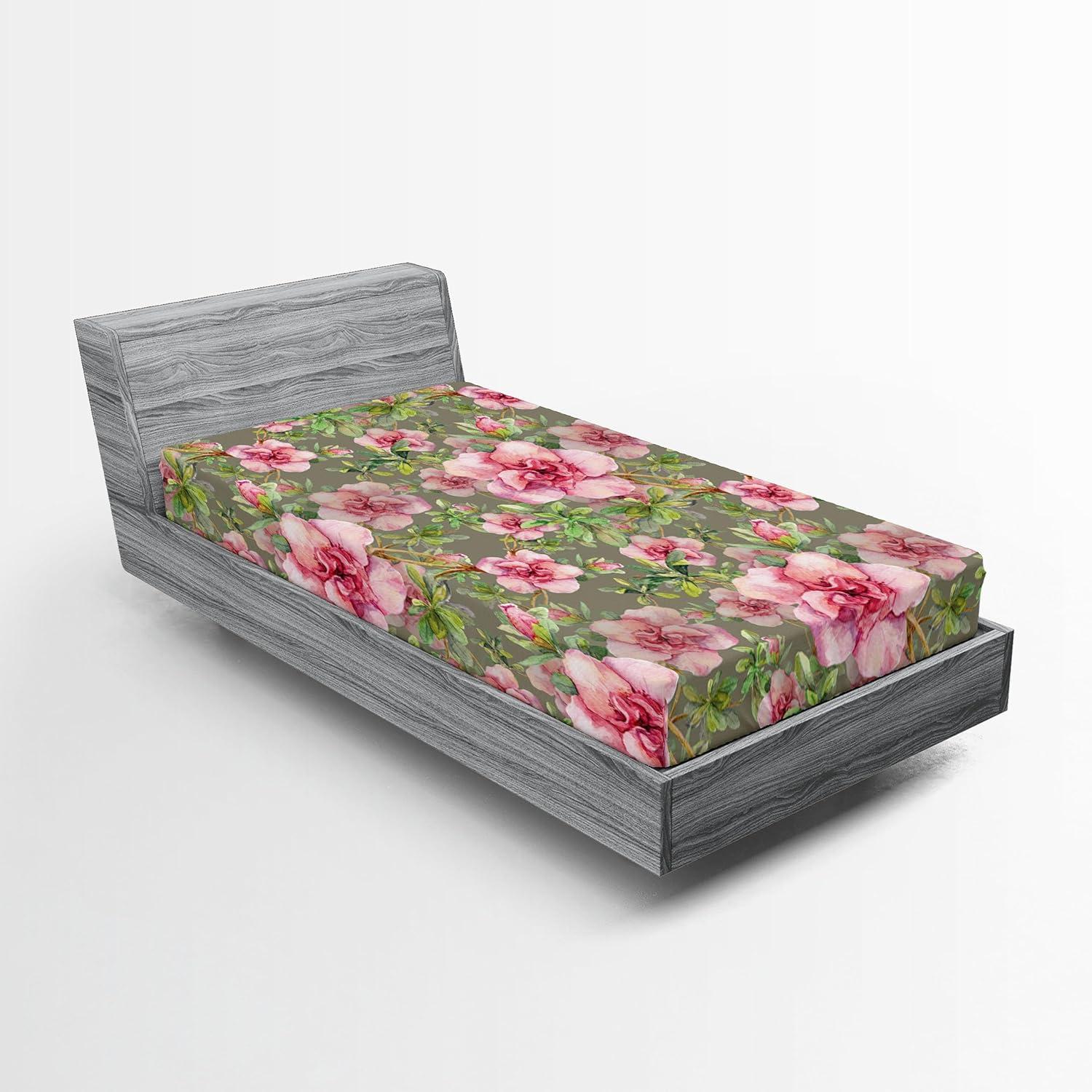 imageAmbesonne Floral Fitted Sheet Romantic Concept Art Featuring Rose Flowers Hearts Leaves Valentine Decorative Soft Fabric Bedding AllRound Elastic Pocket Queen Size Pastel Pink and Fern GreenDark Pink and Olive Green