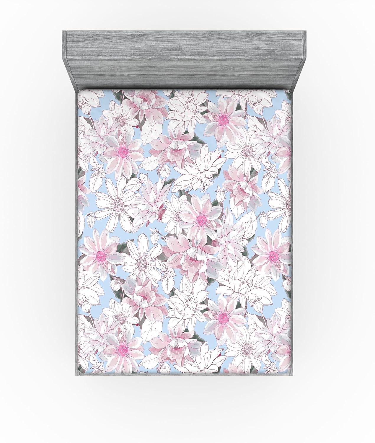 imageAmbesonne Floral Fitted Sheet Romantic Concept Art Featuring Rose Flowers Hearts Leaves Valentine Decorative Soft Fabric Bedding AllRound Elastic Pocket Queen Size Pastel Pink and Fern GreenOff White Pink Soft Blue