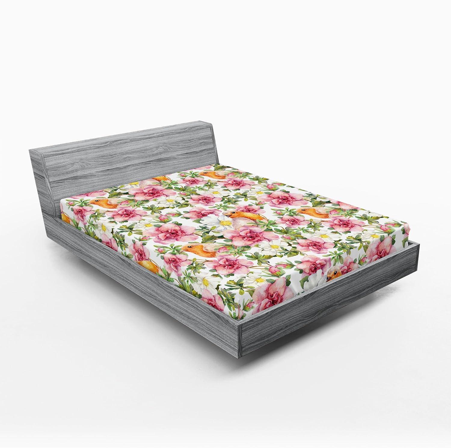 imageAmbesonne Floral Fitted Sheet Romantic Concept Art Featuring Rose Flowers Hearts Leaves Valentine Decorative Soft Fabric Bedding AllRound Elastic Pocket Queen Size Pastel Pink and Fern GreenPastel Pink and Pale Orange