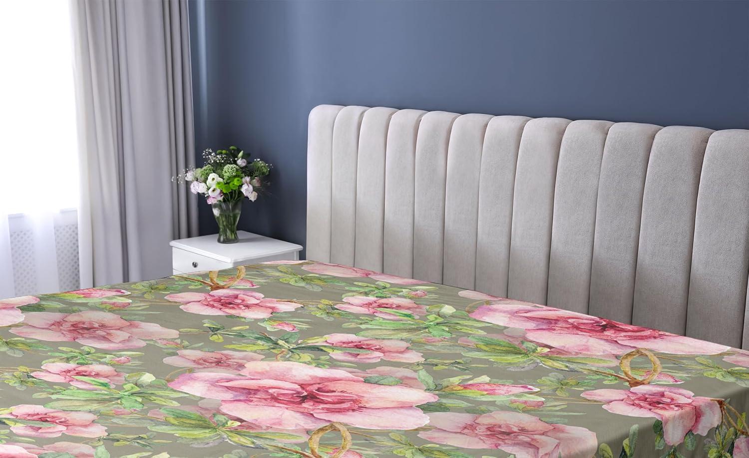 imageAmbesonne Floral Fitted Sheet Romantic Concept Art Featuring Rose Flowers Hearts Leaves Valentine Decorative Soft Fabric Bedding AllRound Elastic Pocket Queen Size Pastel Pink and Fern GreenDark Pink and Olive Green