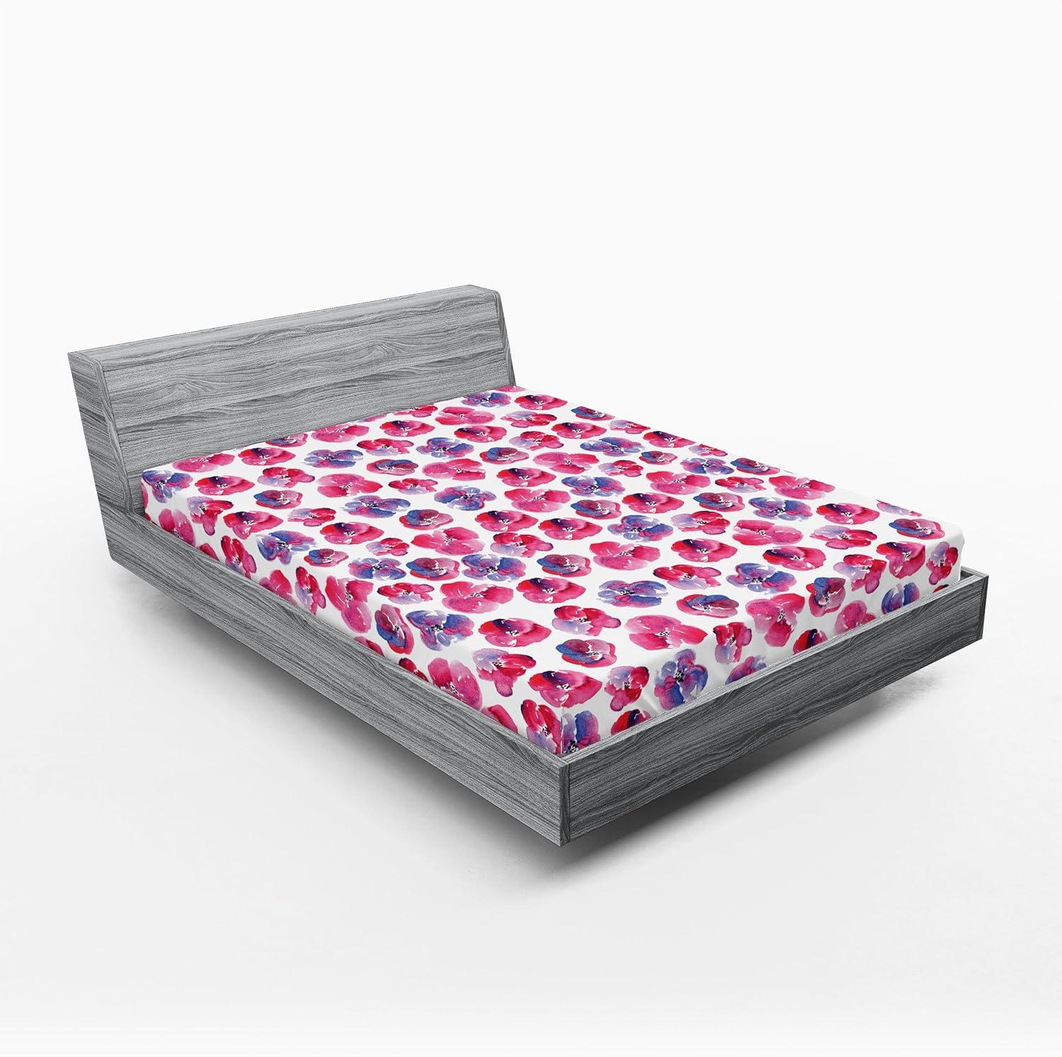 imageAmbesonne Floral Fitted Sheet Romantic Concept Art Featuring Rose Flowers Hearts Leaves Valentine Decorative Soft Fabric Bedding AllRound Elastic Pocket Queen Size Pastel Pink and Fern GreenDark Pink and Ceil Blue