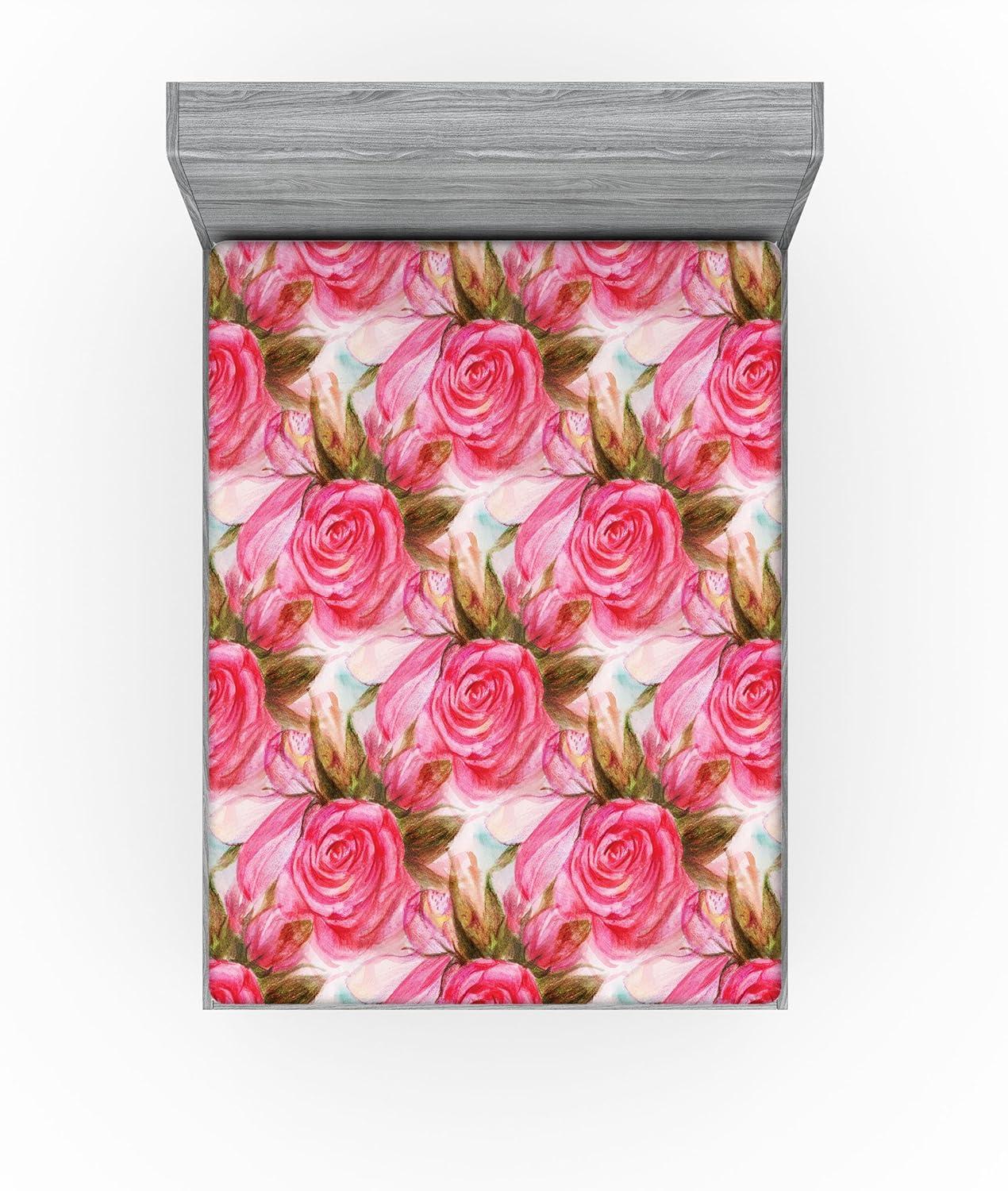 imageAmbesonne Floral Fitted Sheet Valentines Day Theme Grunge Style Repetitive Rose Flowers Abstract Decorative Soft Bedding AllRound Elastic Pocket California King Pale Fuchsia and SepiaDark Coral Khaki Green