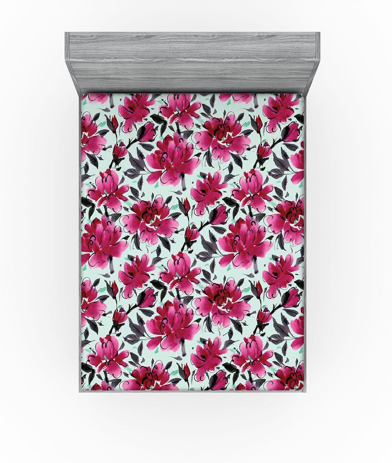 imageAmbesonne Floral Fitted Sheet Valentines Day Theme Grunge Style Repetitive Rose Flowers Abstract Decorative Soft Bedding AllRound Elastic Pocket California King Pale Fuchsia and SepiaDark Magenta Mint Green