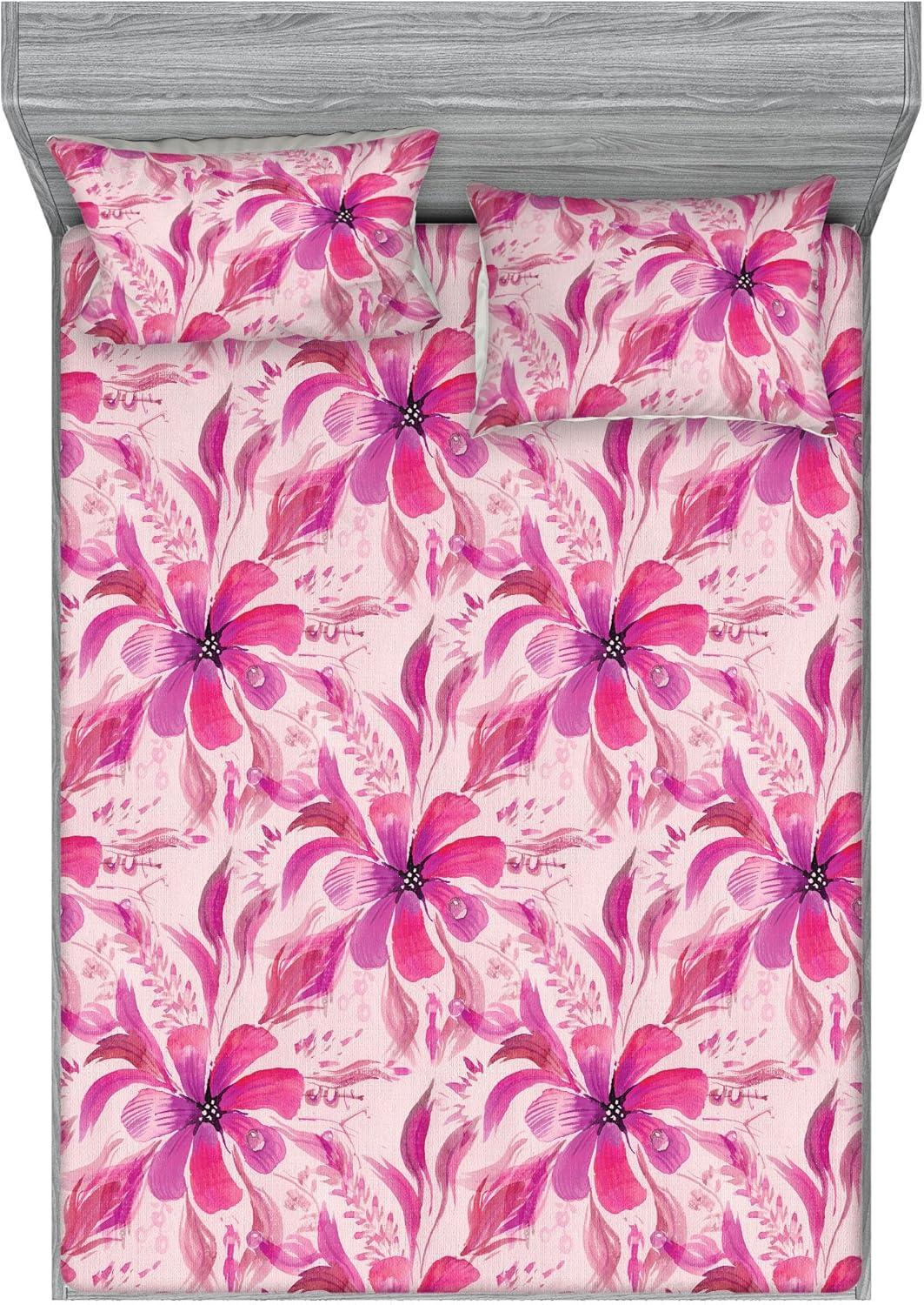 imageAmbesonne Floral Fitted Sheet amp Pillow Sham Set Realistic Painting Print A Million Roses to My Love Valentines Day Decorative Printed 3 Piece Bedding Decor Set Full Pale Pink Dark Pink and EcruPale Fuchsia Pink Rose