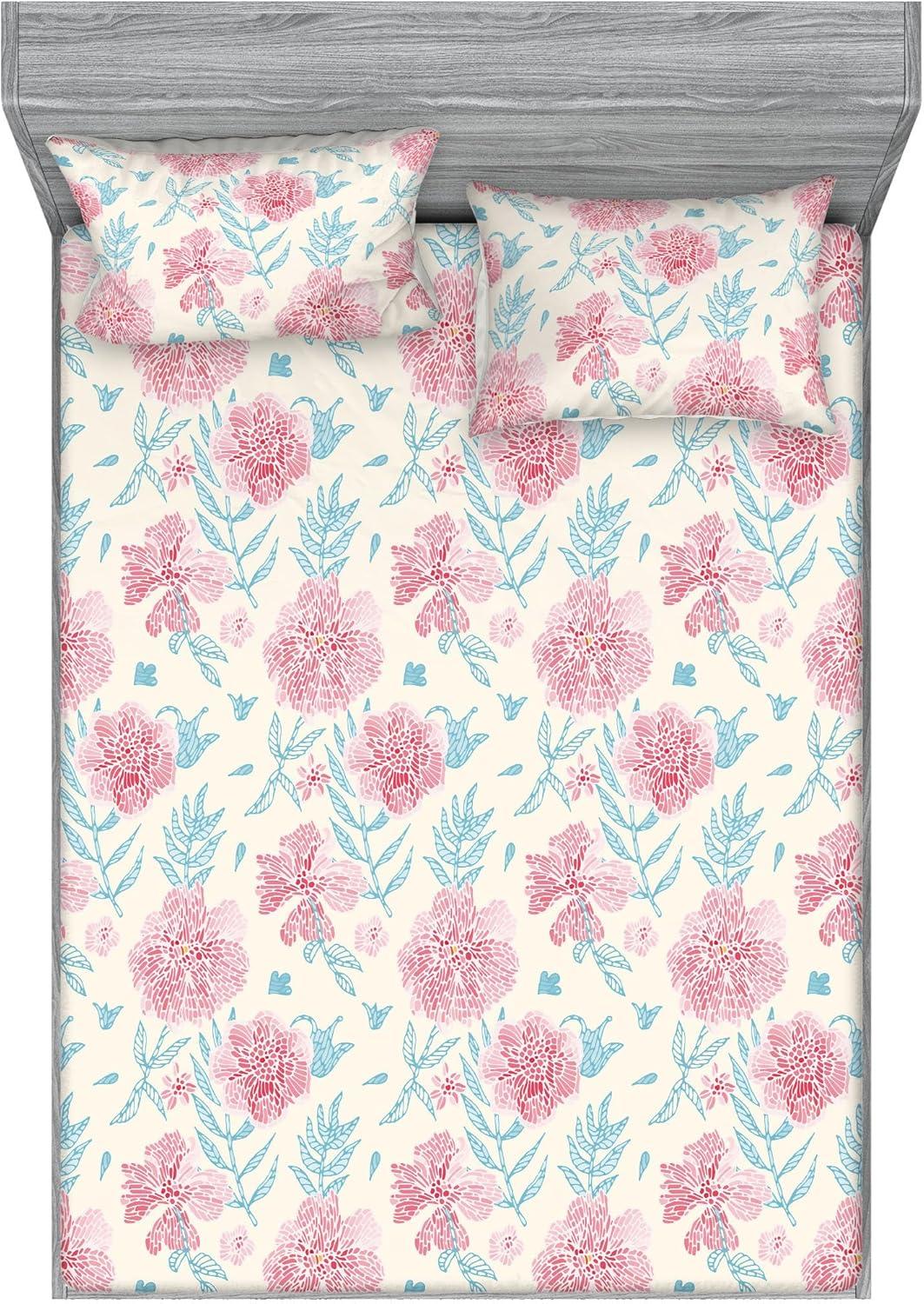 imageAmbesonne Floral Fitted Sheet amp Pillow Sham Set Realistic Painting Print A Million Roses to My Love Valentines Day Decorative Printed 3 Piece Bedding Decor Set Full Pale Pink Dark Pink and EcruRuby Beige and Sea Blue