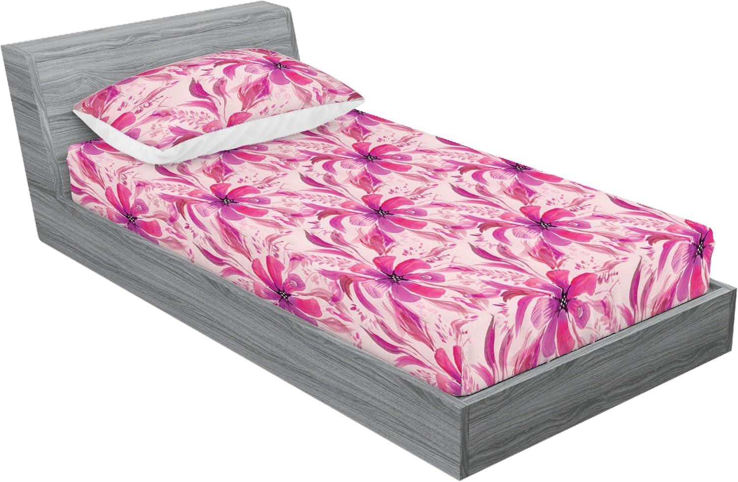 imageAmbesonne Floral Fitted Sheet amp Pillow Sham Set Realistic Painting Print A Million Roses to My Love Valentines Day Decorative Printed 3 Piece Bedding Decor Set Full Pale Pink Dark Pink and EcruPale Fuchsia Pink Rose
