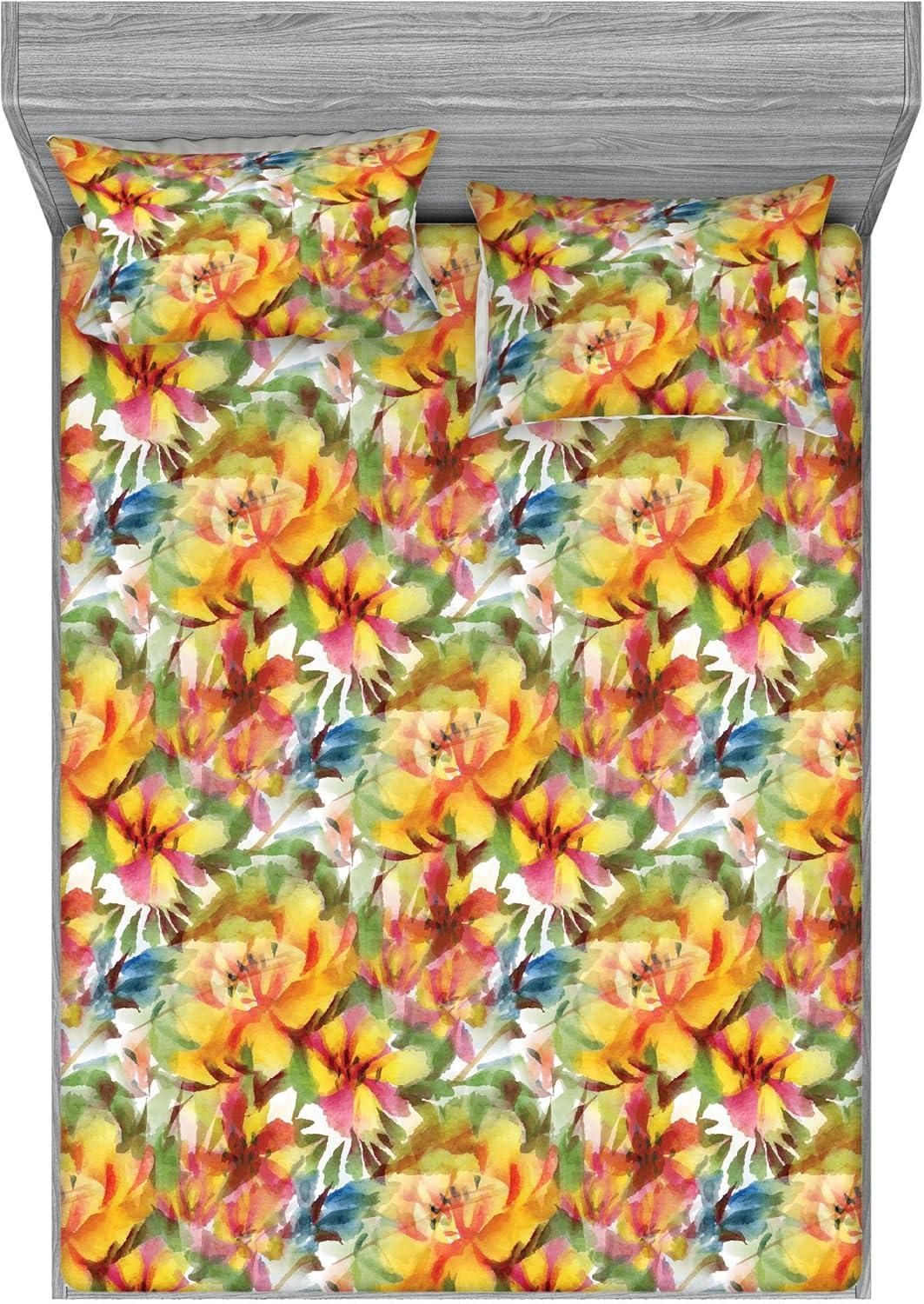 imageAmbesonne Floral Fitted Sheet amp Pillow Sham Set Realistic Painting Print A Million Roses to My Love Valentines Day Decorative Printed 3 Piece Bedding Decor Set Full Pale Pink Dark Pink and EcruMustard Pale Olive Green