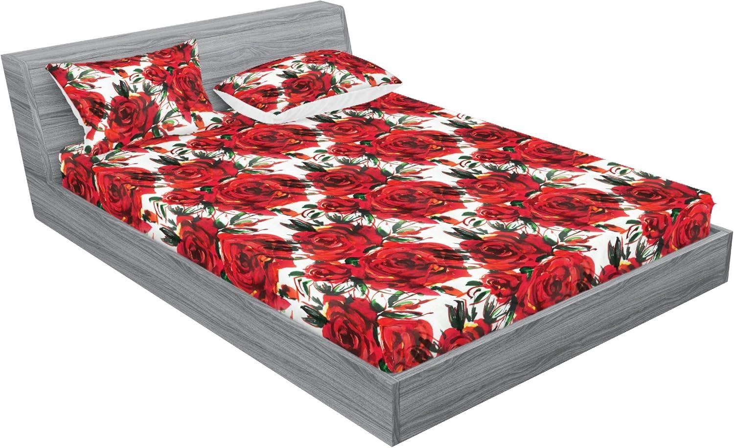 imageAmbesonne Floral Fitted Sheet amp Pillow Sham Set Realistic Painting Print A Million Roses to My Love Valentines Day Decorative Printed 3 Piece Bedding Decor Set Full Pale Pink Dark Pink and EcruDark Coral and Fern Green