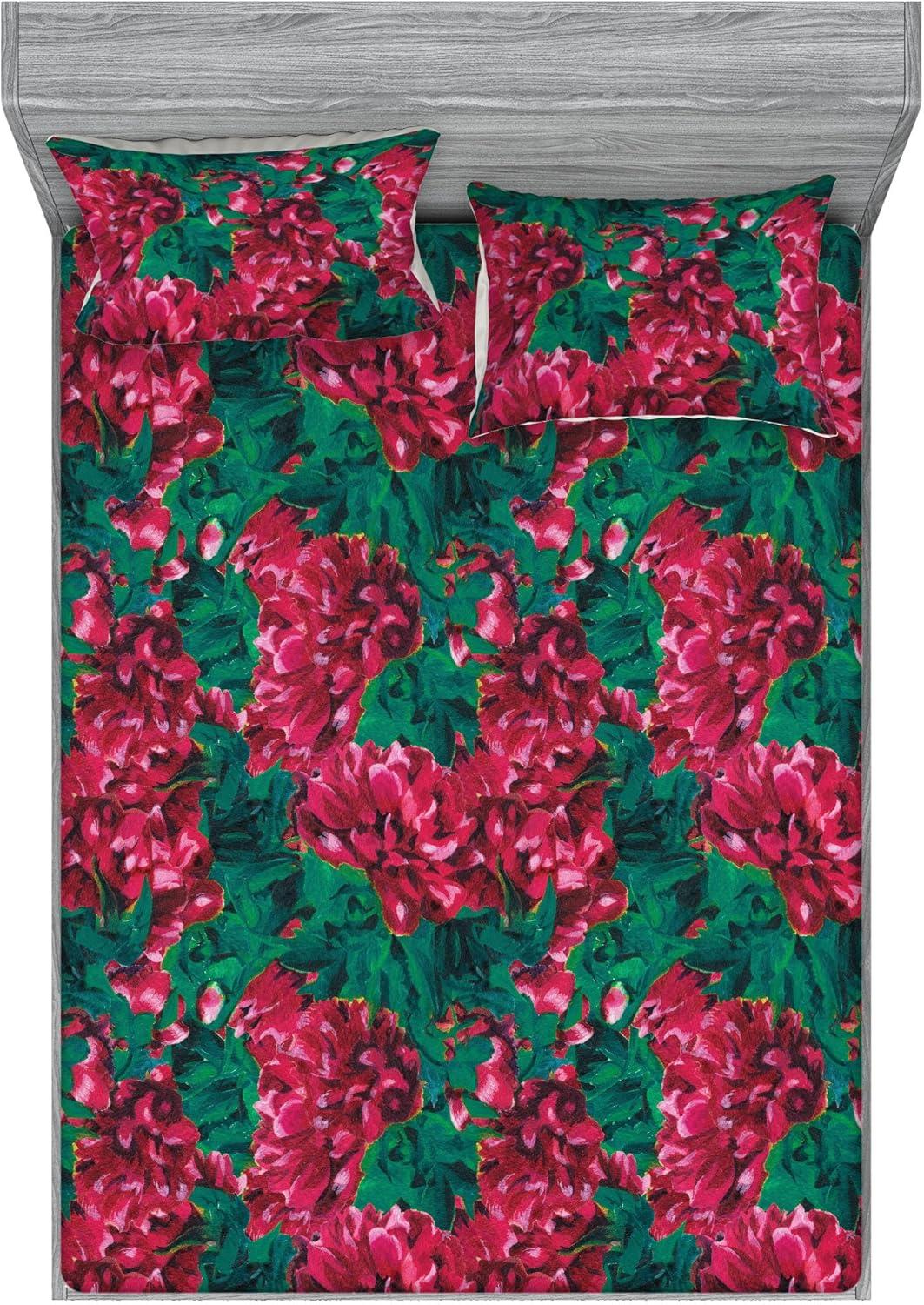 imageAmbesonne Floral Fitted Sheet amp Pillow Sham Set Realistic Painting Print A Million Roses to My Love Valentines Day Decorative Printed 3 Piece Bedding Decor Set Full Pale Pink Dark Pink and EcruRuby Pink and Forest Green