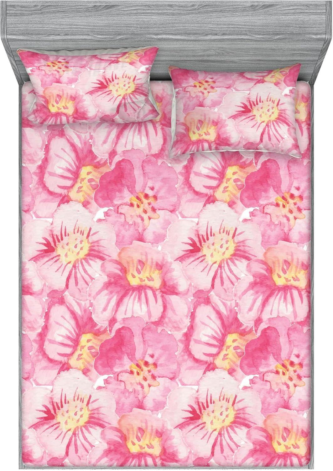 imageAmbesonne Floral Fitted Sheet amp Pillow Sham Set Realistic Painting Print A Million Roses to My Love Valentines Day Decorative Printed 3 Piece Bedding Decor Set Full Pale Pink Dark Pink and EcruSoft Pink Rose Cream