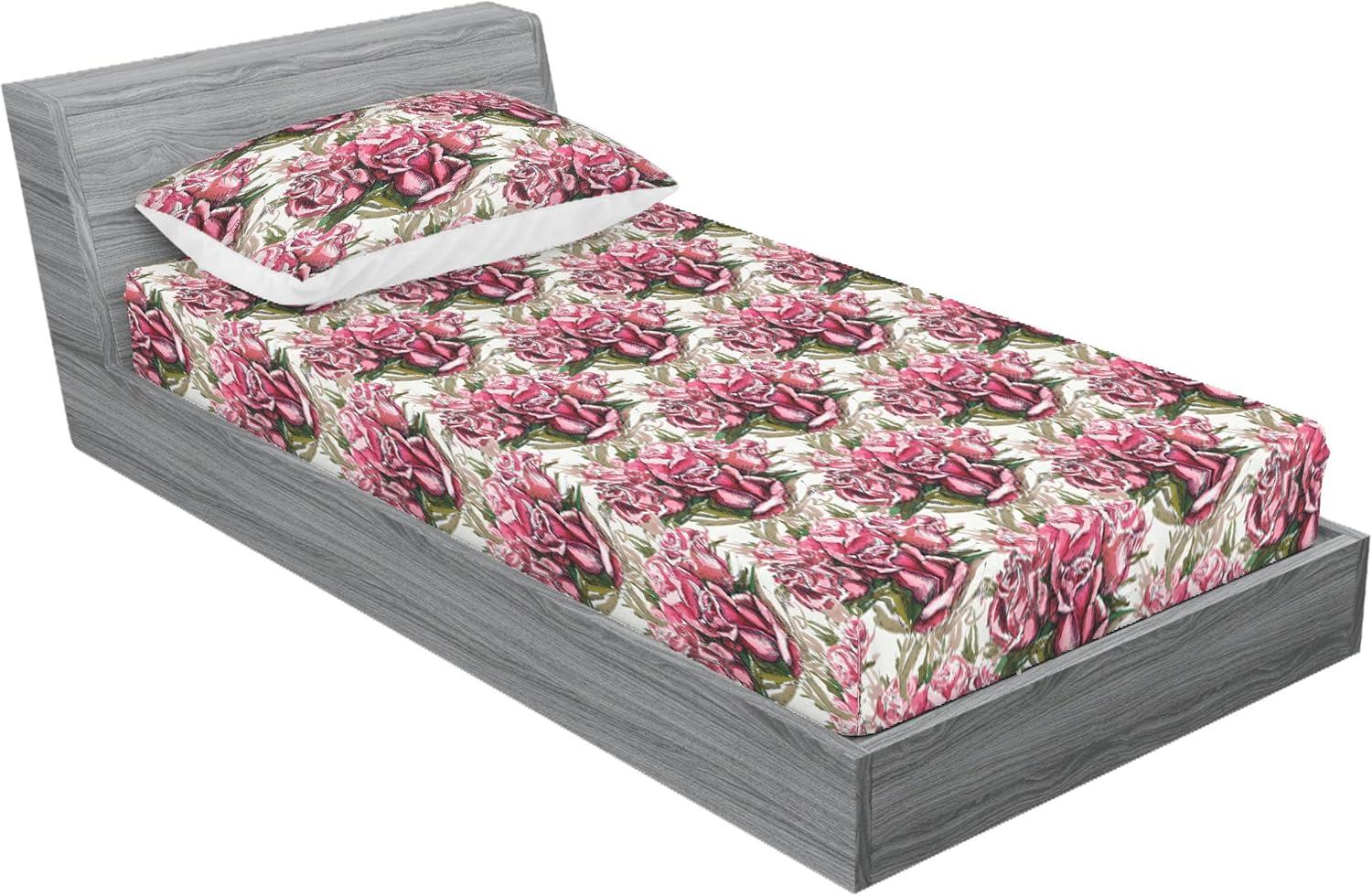 imageAmbesonne Floral Fitted Sheet amp Pillow Sham Set Realistic Painting Print A Million Roses to My Love Valentines Day Decorative Printed 3 Piece Bedding Decor Set Full Pale Pink Dark Pink and EcruPale Pink Reseda Green