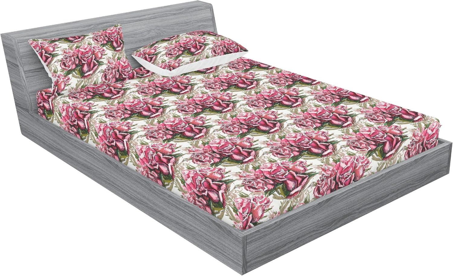 imageAmbesonne Floral Fitted Sheet amp Pillow Sham Set Realistic Painting Print A Million Roses to My Love Valentines Day Decorative Printed 3 Piece Bedding Decor Set Full Pale Pink Dark Pink and EcruPale Pink Reseda Green
