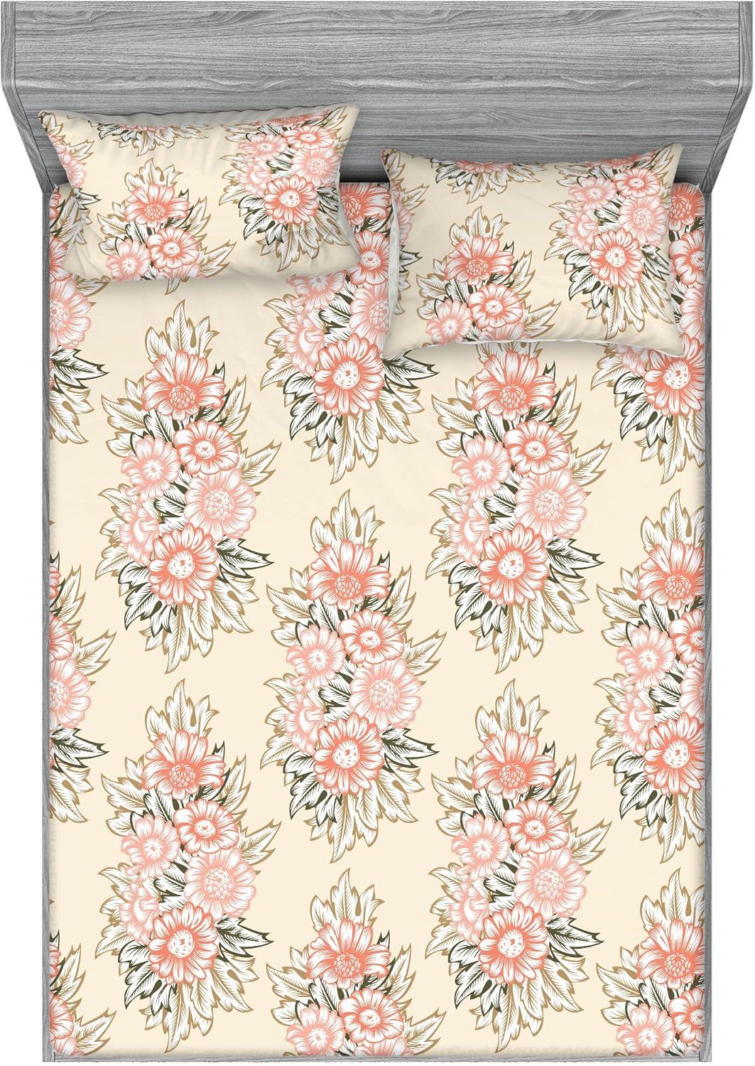 imageAmbesonne Floral Fitted Sheet amp Pillow Sham Set Realistic Painting Print A Million Roses to My Love Valentines Day Decorative Printed 3 Piece Bedding Decor Set Full Pale Pink Dark Pink and EcruBeige Coral and Dark Tan