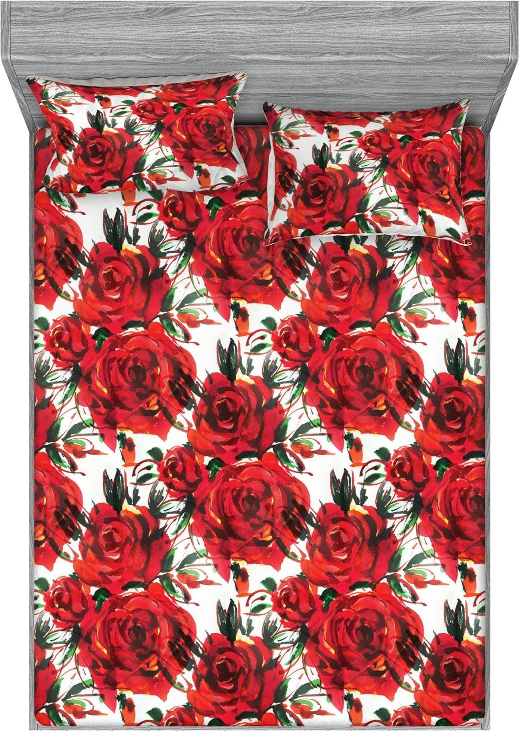 imageAmbesonne Floral Fitted Sheet amp Pillow Sham Set Realistic Painting Print A Million Roses to My Love Valentines Day Decorative Printed 3 Piece Bedding Decor Set Full Pale Pink Dark Pink and EcruDark Coral and Fern Green