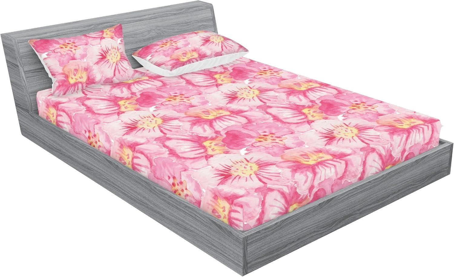 imageAmbesonne Floral Fitted Sheet amp Pillow Sham Set Realistic Painting Print A Million Roses to My Love Valentines Day Decorative Printed 3 Piece Bedding Decor Set Full Pale Pink Dark Pink and EcruSoft Pink Rose Cream