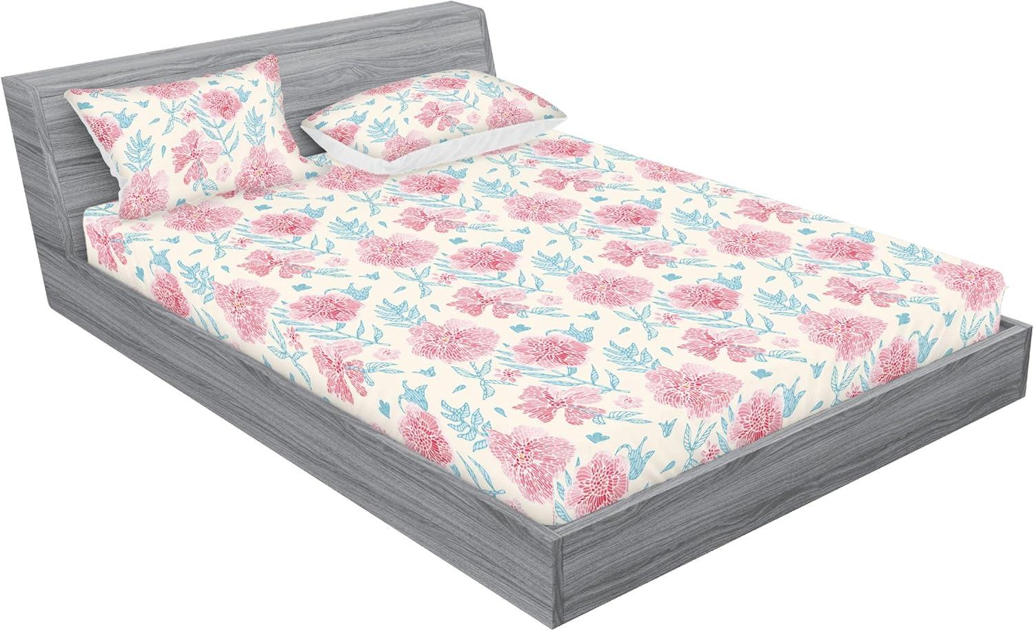 imageAmbesonne Floral Fitted Sheet amp Pillow Sham Set Realistic Painting Print A Million Roses to My Love Valentines Day Decorative Printed 3 Piece Bedding Decor Set Full Pale Pink Dark Pink and EcruRuby Beige and Sea Blue
