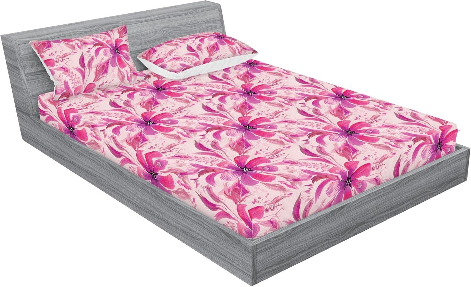 imageAmbesonne Floral Fitted Sheet amp Pillow Sham Set Realistic Painting Print A Million Roses to My Love Valentines Day Decorative Printed 3 Piece Bedding Decor Set Full Pale Pink Dark Pink and EcruPale Fuchsia Pink Rose