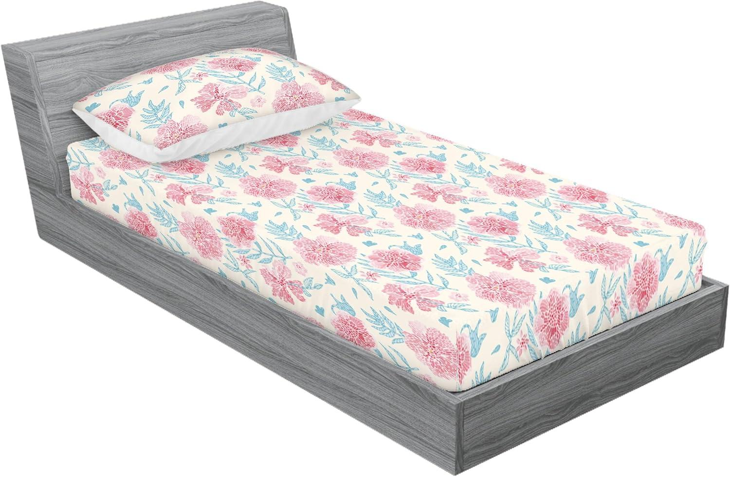imageAmbesonne Floral Fitted Sheet amp Pillow Sham Set Realistic Painting Print A Million Roses to My Love Valentines Day Decorative Printed 3 Piece Bedding Decor Set Full Pale Pink Dark Pink and EcruRuby Beige and Sea Blue