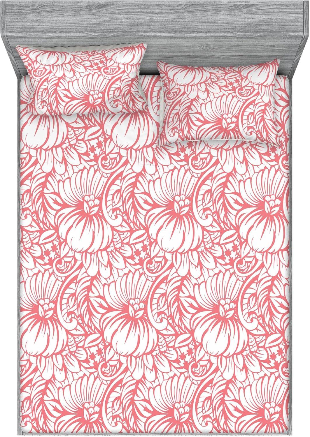 imageAmbesonne Floral Fitted Sheet amp Pillow Sham Set Realistic Painting Print A Million Roses to My Love Valentines Day Decorative Printed 3 Piece Bedding Decor Set Full Pale Pink Dark Pink and EcruPale Ruby White