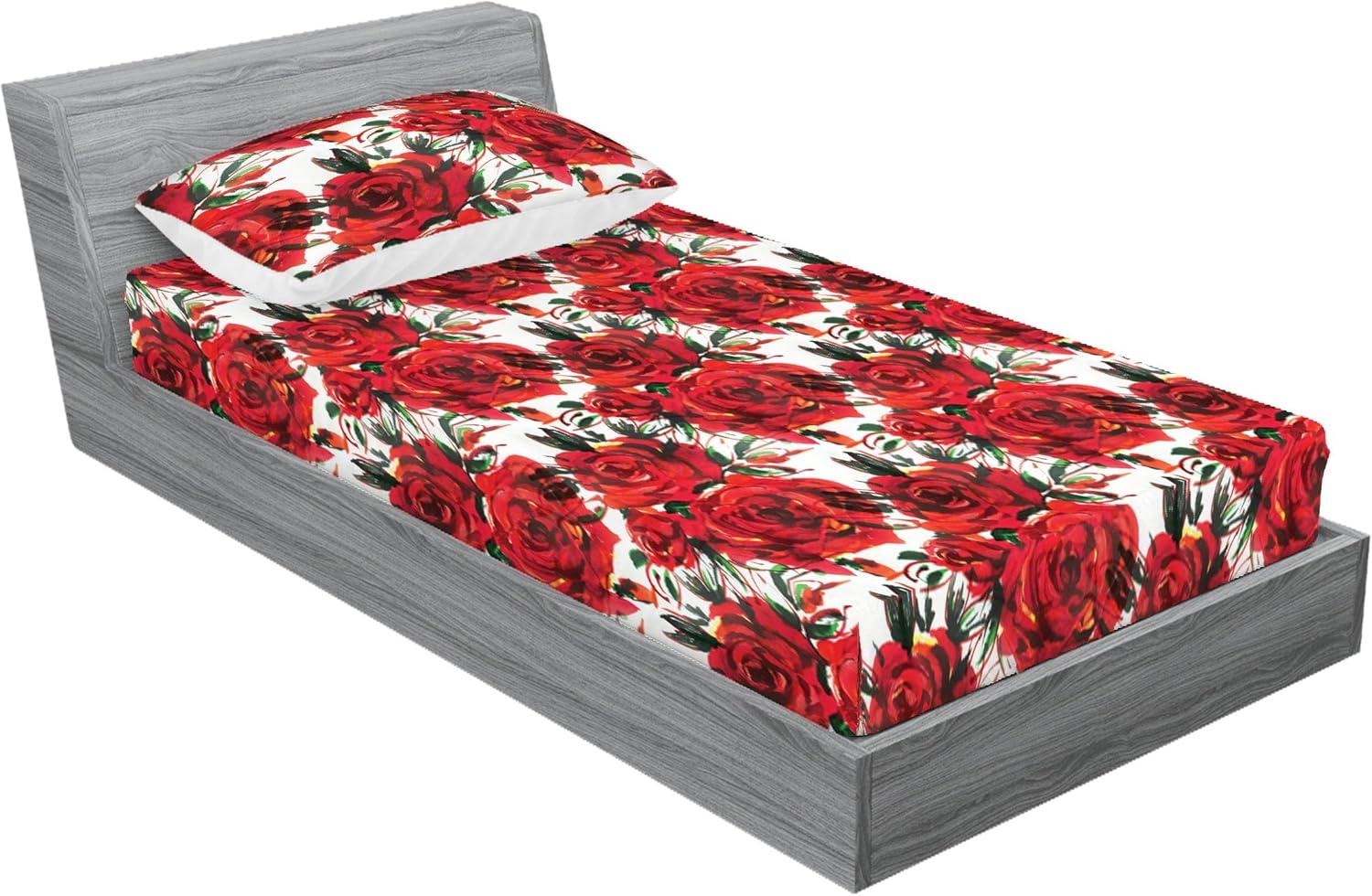 imageAmbesonne Floral Fitted Sheet amp Pillow Sham Set Realistic Painting Print A Million Roses to My Love Valentines Day Decorative Printed 3 Piece Bedding Decor Set Full Pale Pink Dark Pink and EcruDark Coral and Fern Green