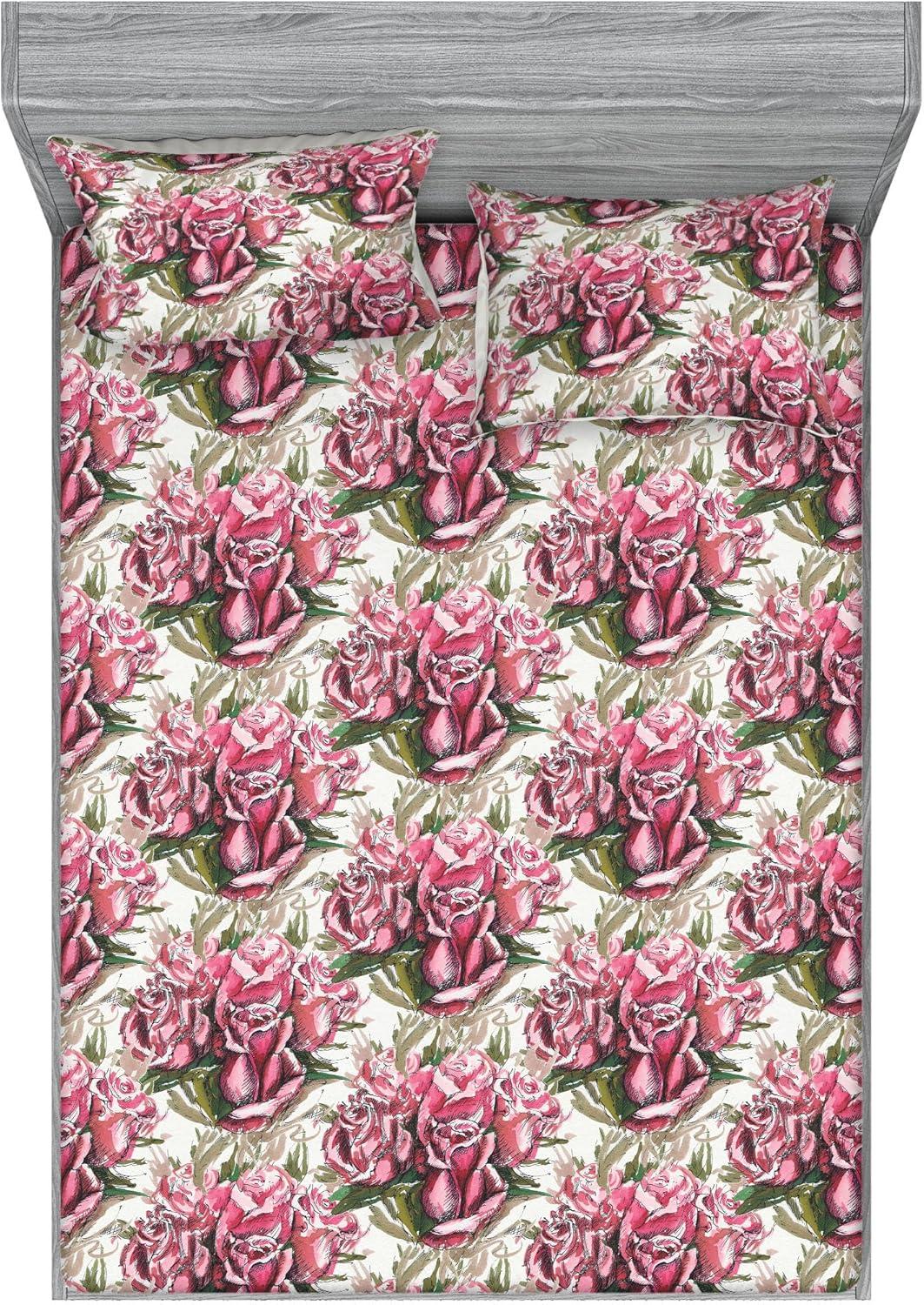 imageAmbesonne Floral Fitted Sheet amp Pillow Sham Set Realistic Painting Print A Million Roses to My Love Valentines Day Decorative Printed 3 Piece Bedding Decor Set Full Pale Pink Dark Pink and EcruPale Pink Reseda Green