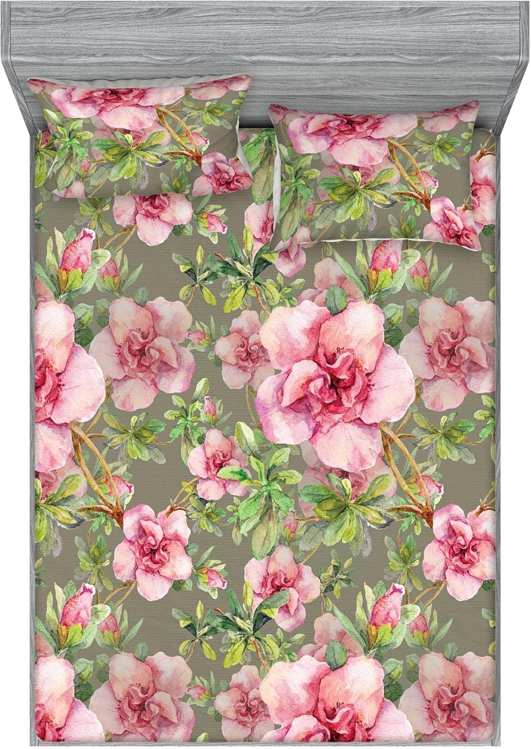 imageAmbesonne Floral Fitted Sheet amp Pillow Sham Set Romantic Concept Art Featuring Rose Flowers Hearts Leaves Valentine Decorative Printed 3 Piece Bedding Decor Set Queen Pastel Pink and Fern GreenDark Pink and Olive Green