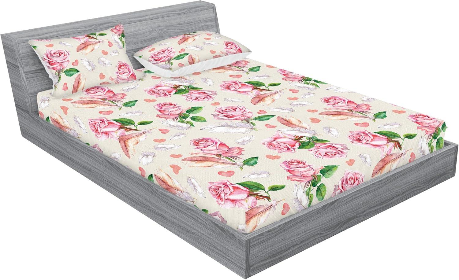 imageAmbesonne Floral Fitted Sheet amp Pillow Sham Set Romantic Concept Art Featuring Rose Flowers Hearts Leaves Valentine Decorative Printed 3 Piece Bedding Decor Set Queen Pastel Pink and Fern GreenPastel Pink and Fern Green
