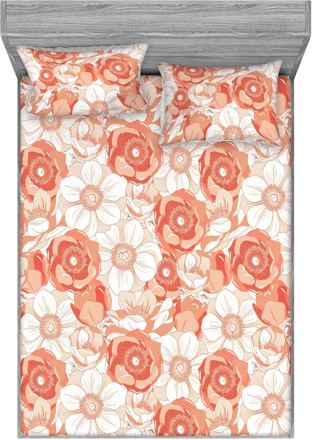 imageAmbesonne Floral Fitted Sheet amp Pillow Sham Set Romantic Concept Art Featuring Rose Flowers Hearts Leaves Valentine Decorative Printed 3 Piece Bedding Decor Set Queen Pastel Pink and Fern GreenWhite Pale Rust and Cinnamon