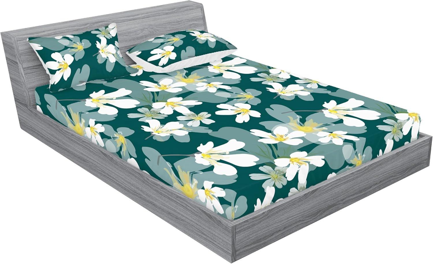 imageAmbesonne Floral Fitted Sheet amp Pillow Sham Set Romantic Concept Art Featuring Rose Flowers Hearts Leaves Valentine Decorative Printed 3 Piece Bedding Decor Set Queen Pastel Pink and Fern GreenWhite Pale Teal Grey Teal