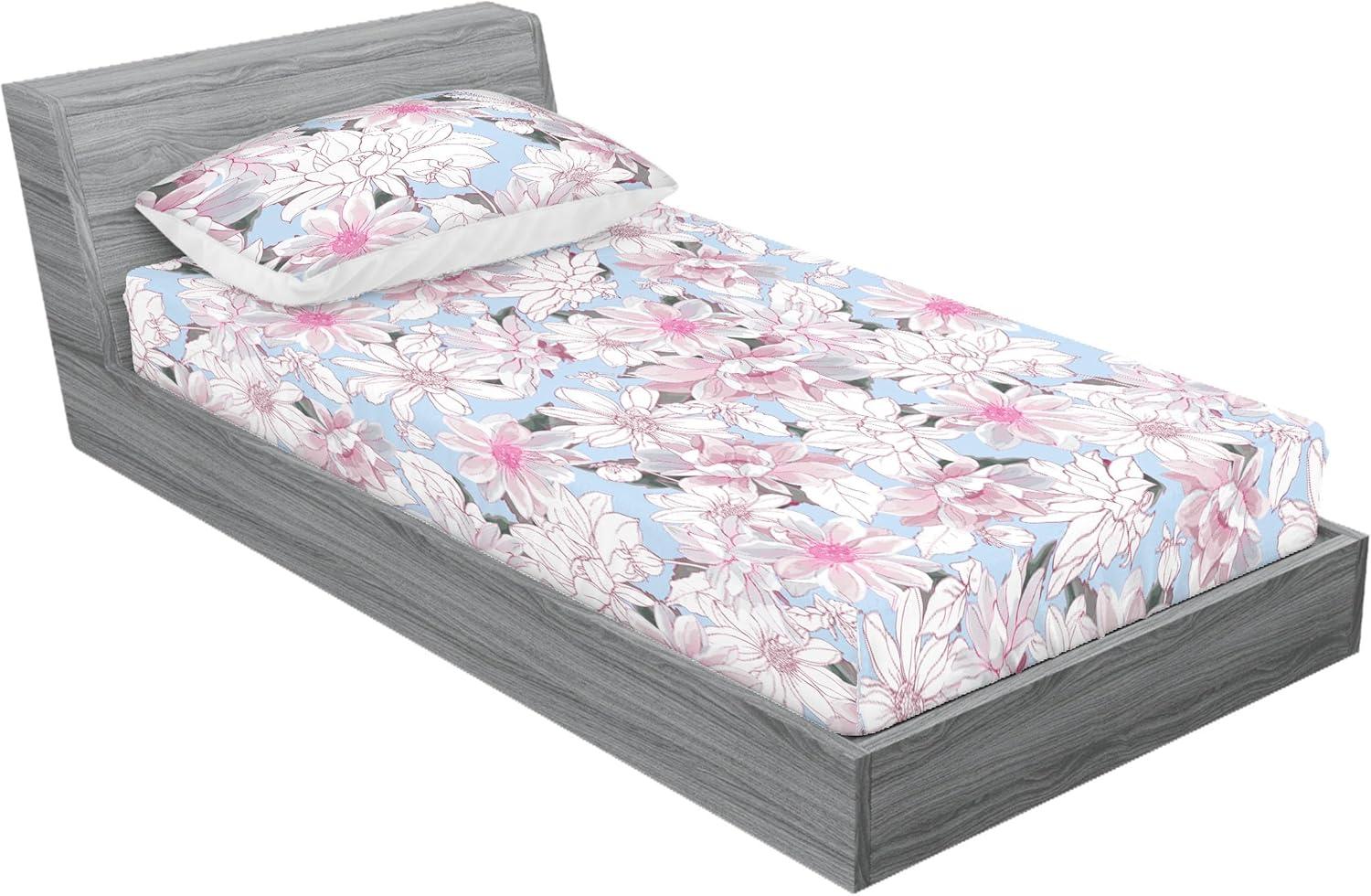 imageAmbesonne Floral Fitted Sheet amp Pillow Sham Set Romantic Concept Art Featuring Rose Flowers Hearts Leaves Valentine Decorative Printed 3 Piece Bedding Decor Set Queen Pastel Pink and Fern GreenOff White Pink Soft Blue